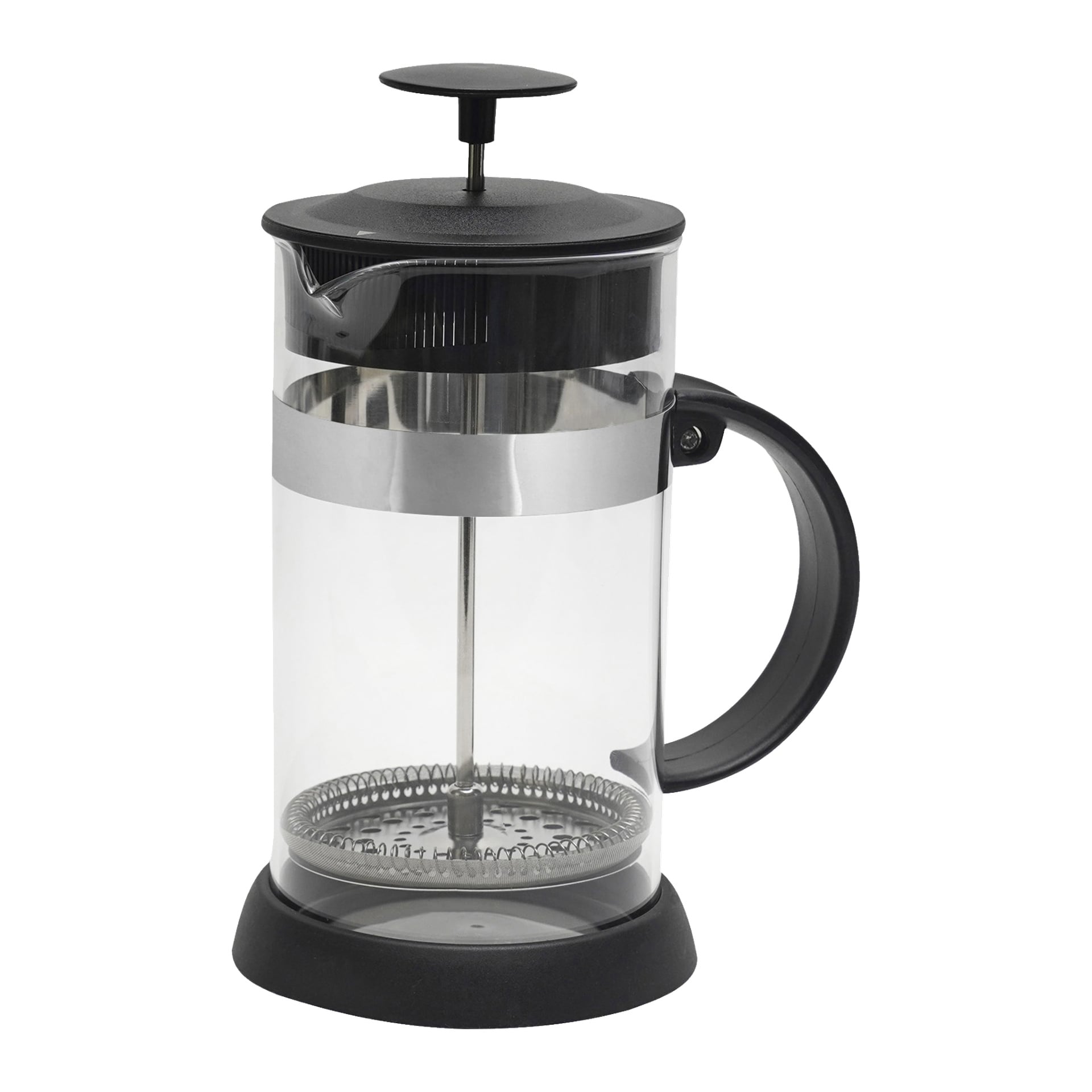 En Menuett-kaffepress med en transparent glasbehållare, svart handtag, botten och lock, samt en metallkolv placerad uppåt. Behållaren är tom.