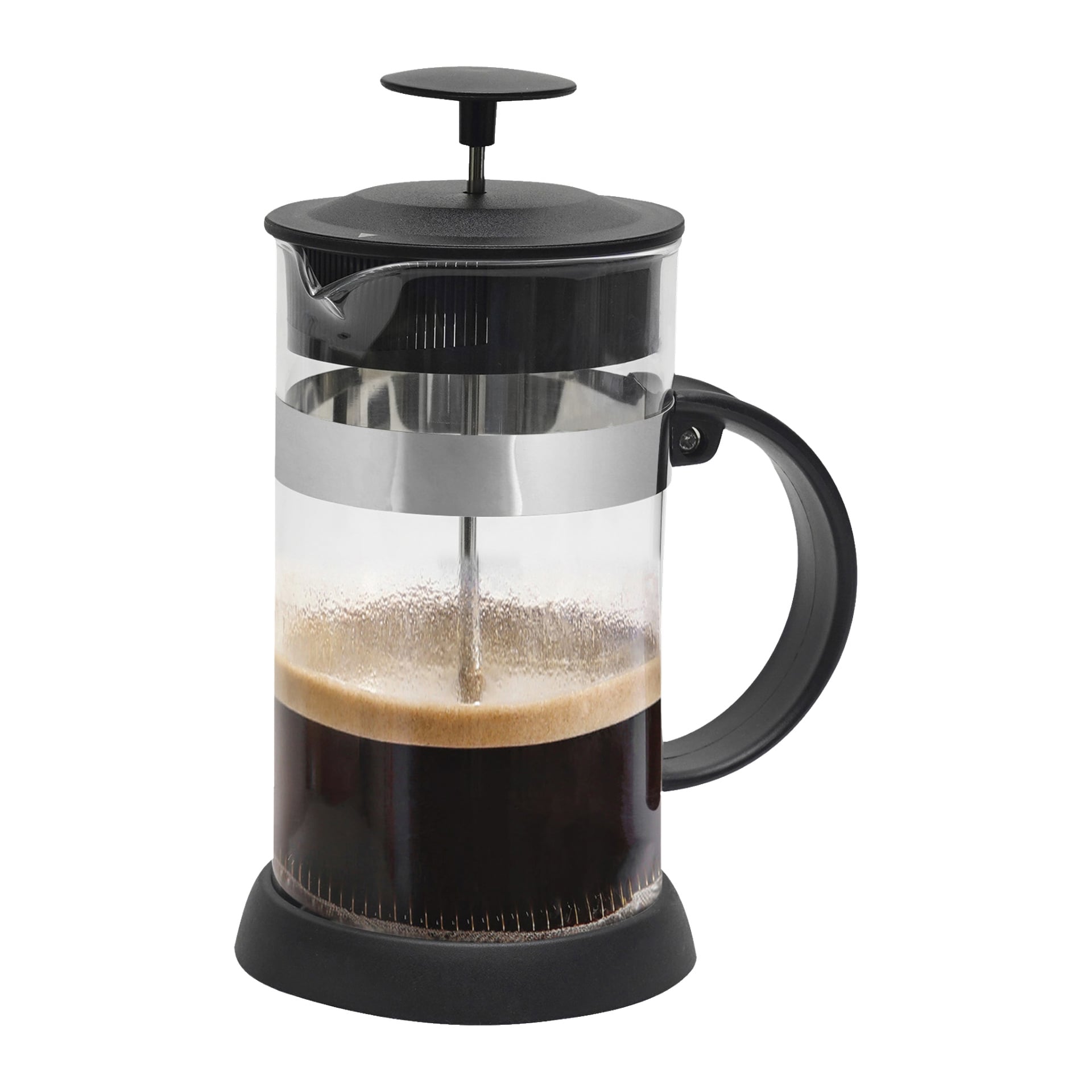En Menuett kaffepress med klar glaskropp, svart handtag och lock visas delvis fylld med kaffe, med kolven upphöjd.