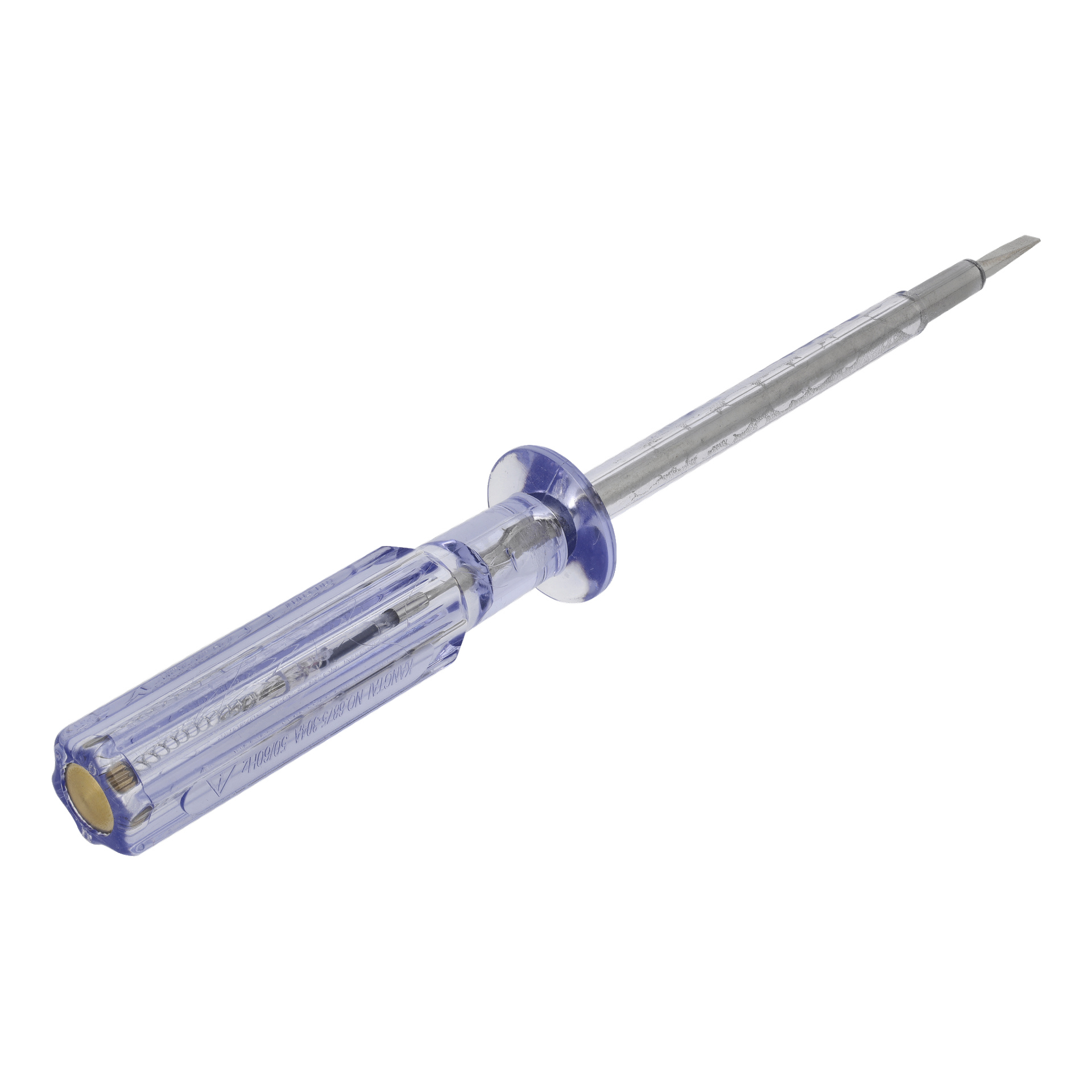 Anslut Voltage Tester er vinklet og viser sitt gjennomsiktige plasthåndtak, metallskaft og flate spiss.