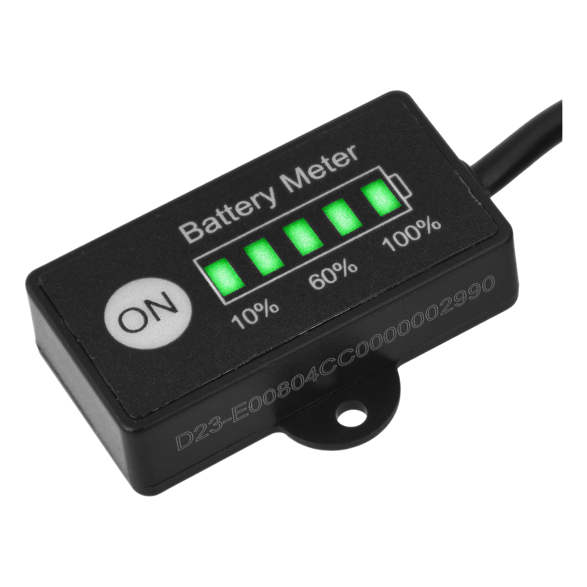Hamron Battery Indicator har en rektangulär form, en ON-knapp och fem gröna staplar som lyser upp och visar laddningsnivåerna 10 %, 20 %, 60 % och 100 %. Ett serienummer visas på enheten.