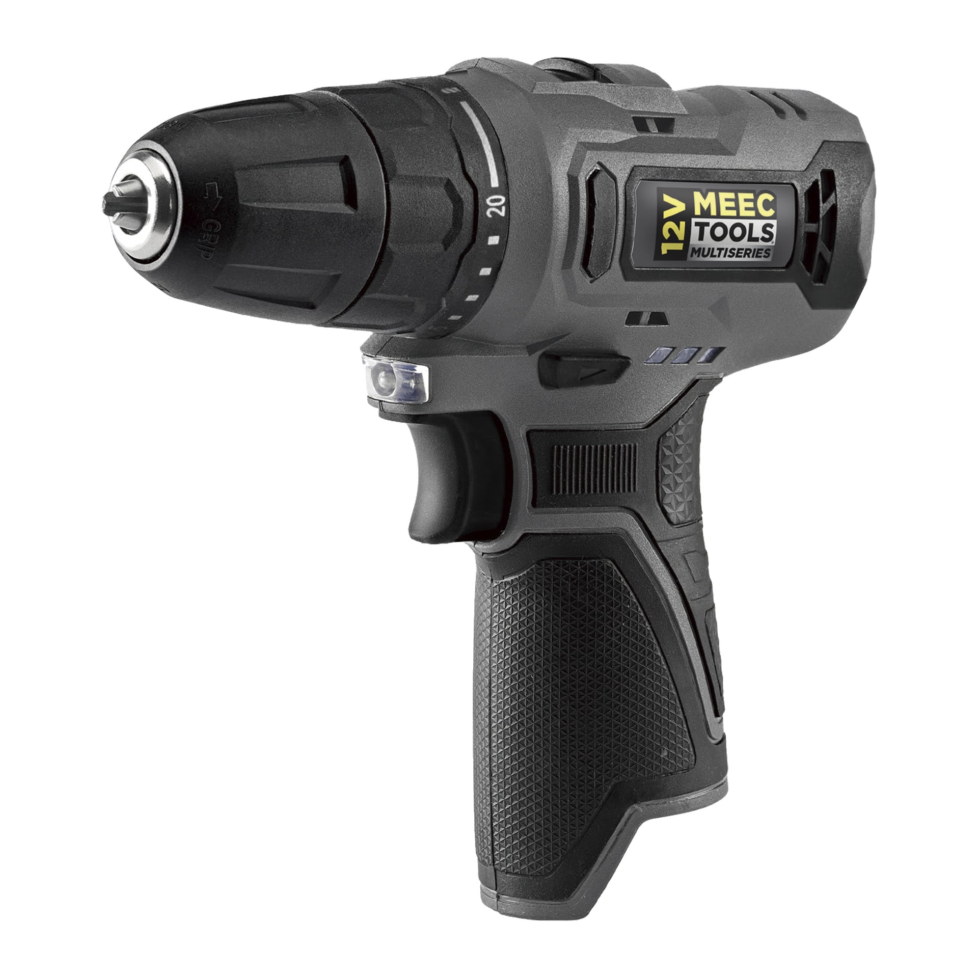 En kompakt svart och grå Meec Tools Multiseries 12 V skruvmejsel med texturerat handtag, synlig chuck, avtryckare och ventilationsspår, visad i trekvartsvy.