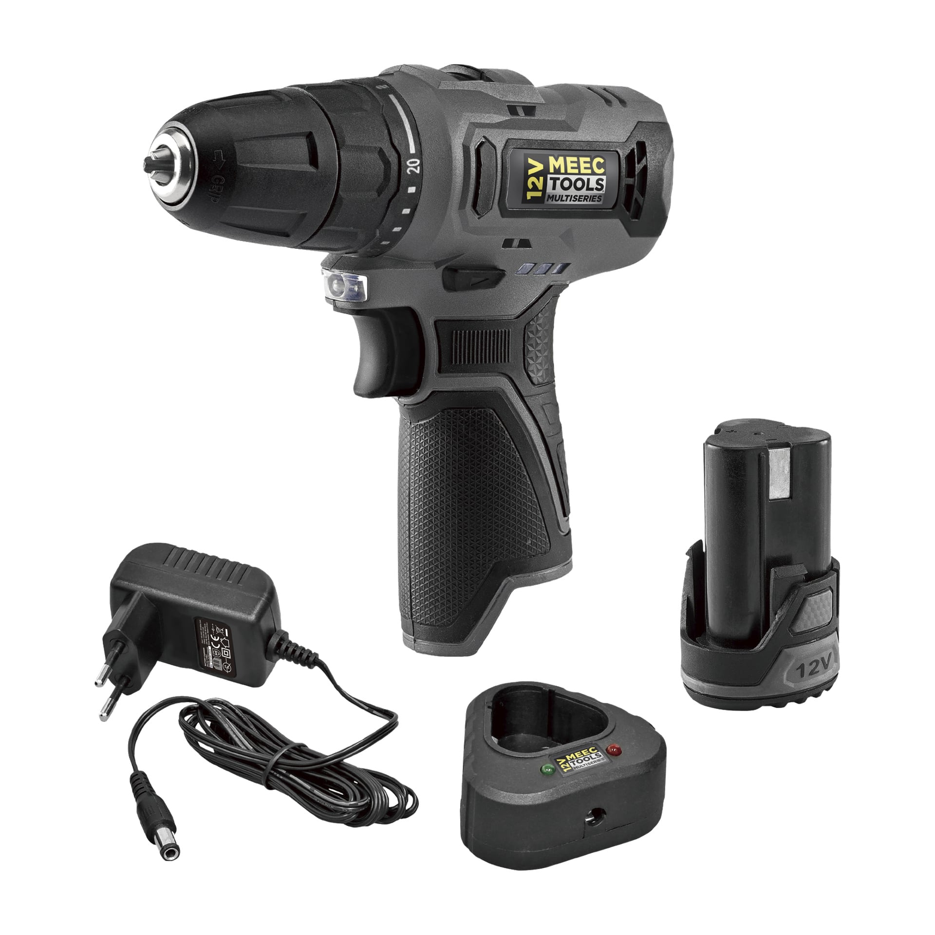 En svart och grå Compact-skruvmejsel från Meec Tools Multiseries 12 V-serien, visad tillsammans med batteri, laddare och strömadapter.