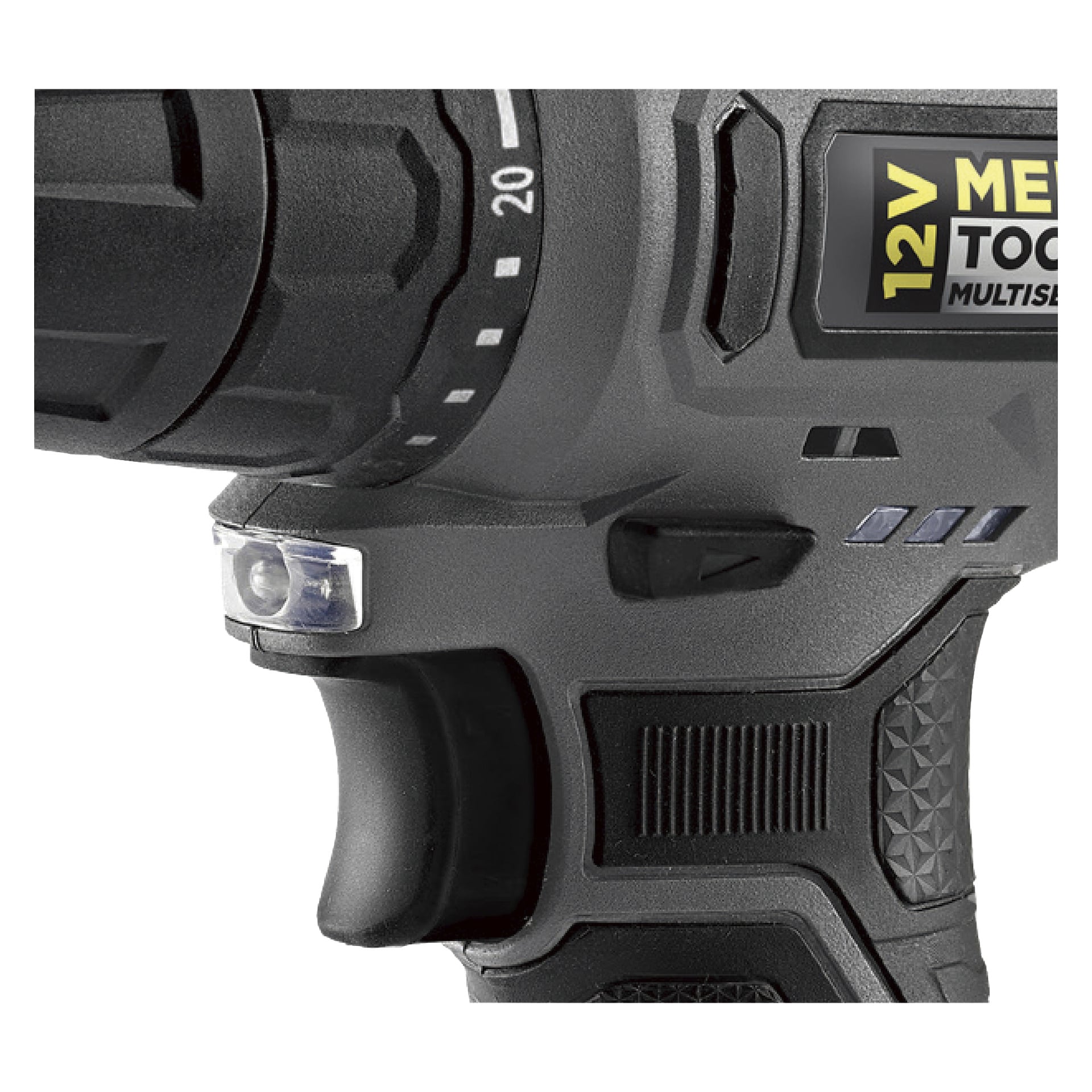 Detaljerad vy av handtaget och avtryckarområdet på en svart Meec Tools Multiseries 12 V Compact-skruvmejsel, som visar det texturerade greppet och justeringsnumren på den roterande chucken.