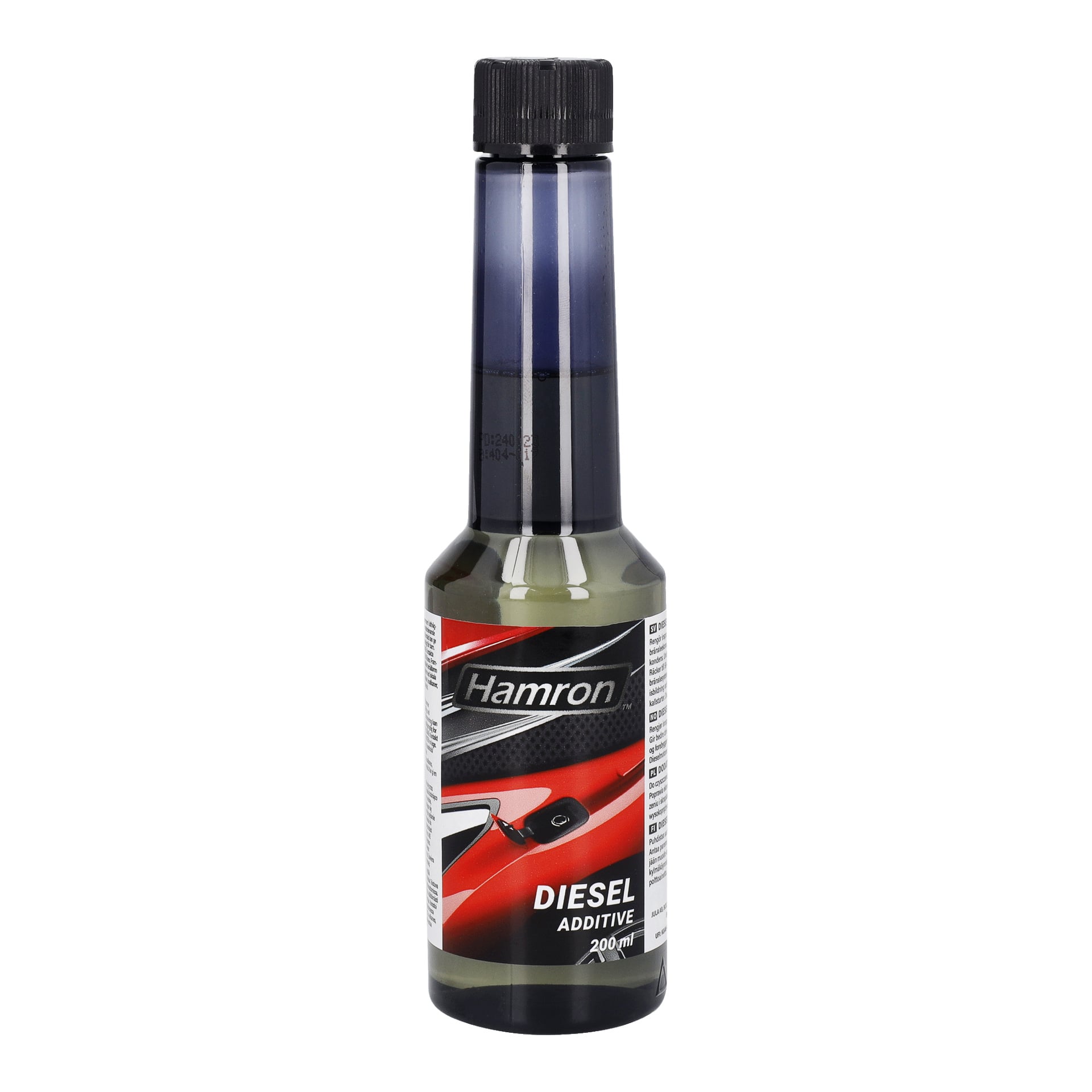 Butelka Hamron Diesel Addityive o pojemności 200 ml z czarną kapslą. Etykieta jest czarno-czerwona i biała, przedstawiająca logo Hamron, ilustrację samochodu oraz informacje o produkcie.