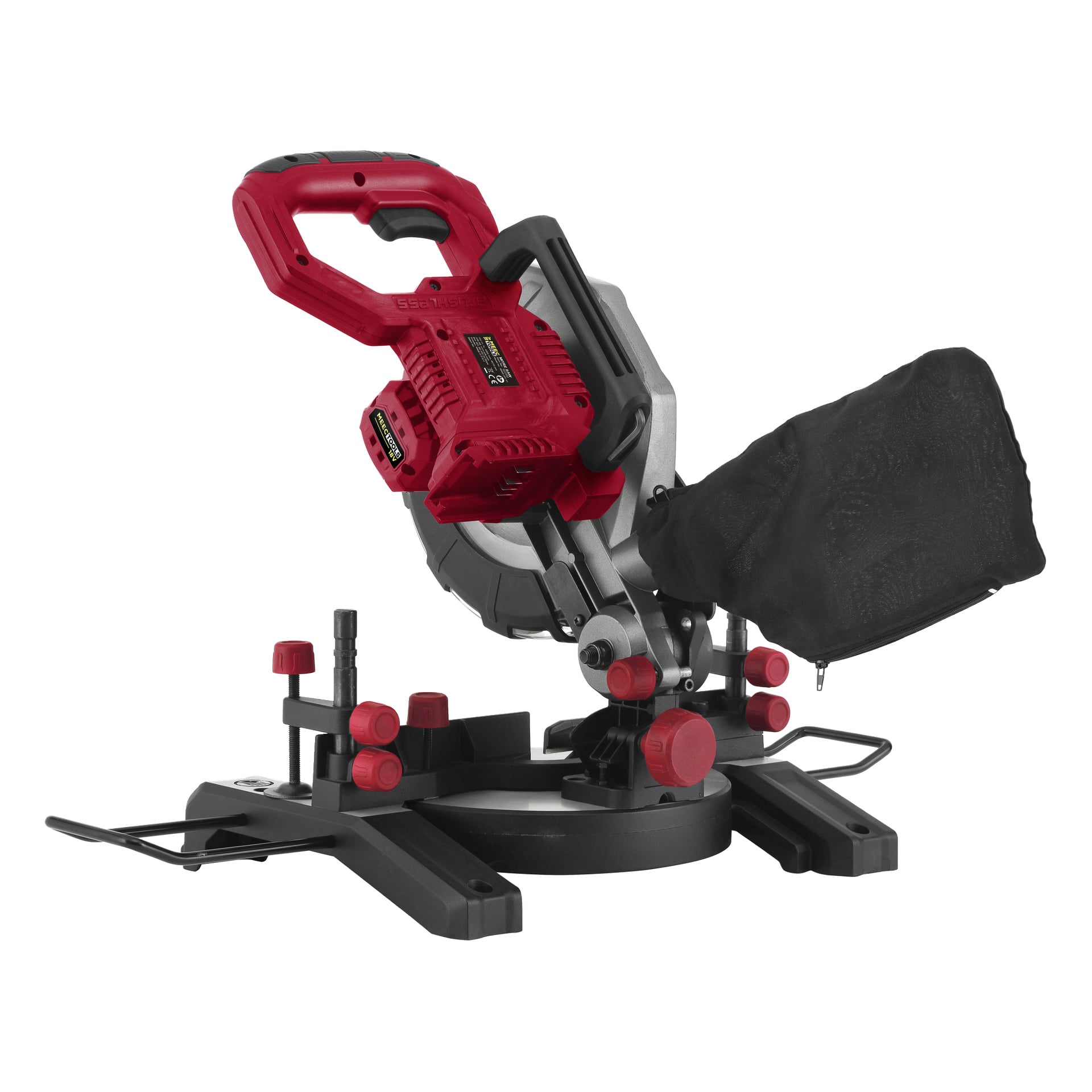 En rød og svart Meec Tools Multiseries MS-18V HOME 500 batteridrevet gjærsag med støvoppsamlingspose, hvilende på en flat overflate. Verktøyet inkluderer justeringsknotter og en solid base utstyrt med monteringshull.