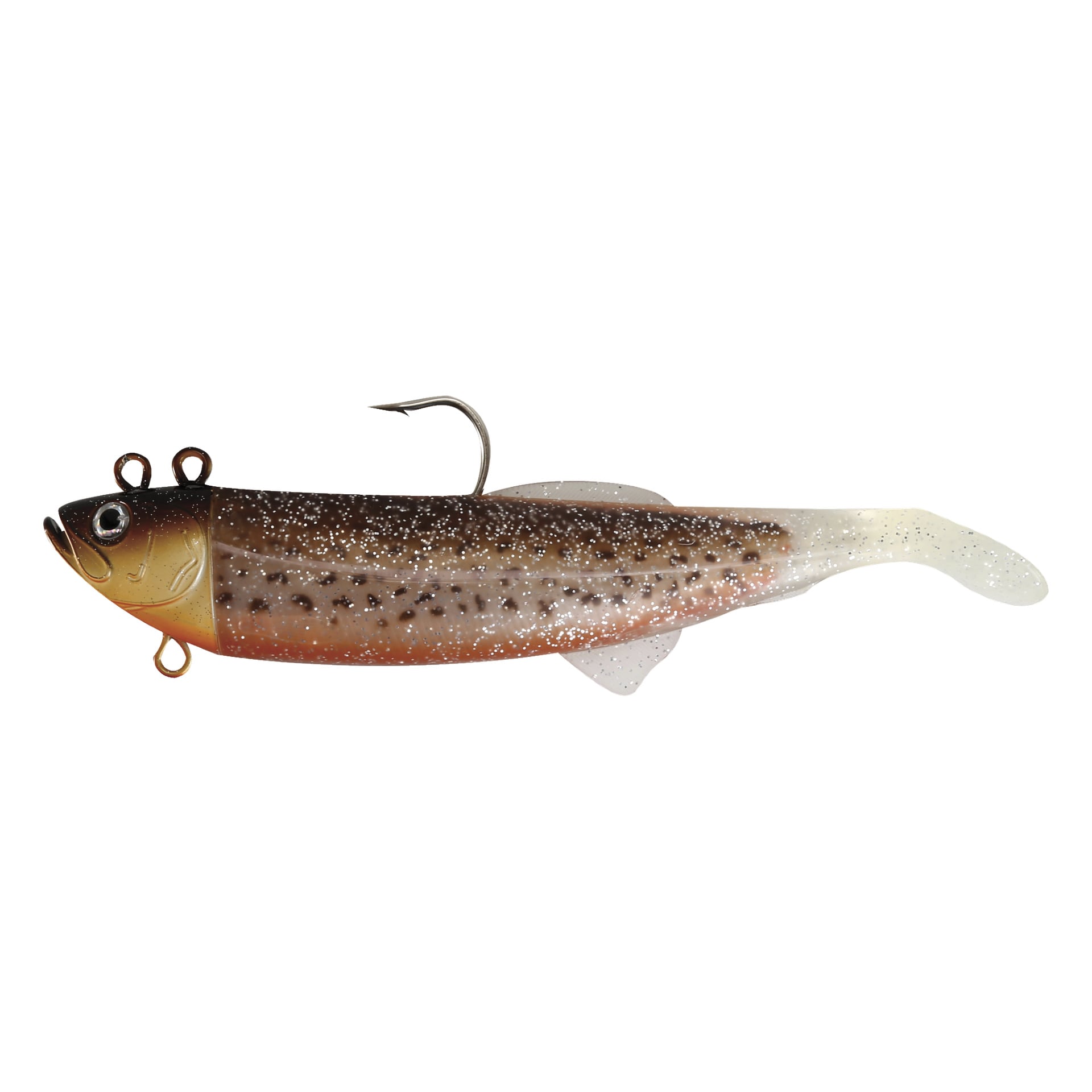 En Kayoba Sea fiskejig designet for å etterligne en agnfisk, laget av myk plast med brune, oransje og hvite flekkete mønstre. Den har en enkelt toppkrok og tilkoblingspunkter nær åpningen.