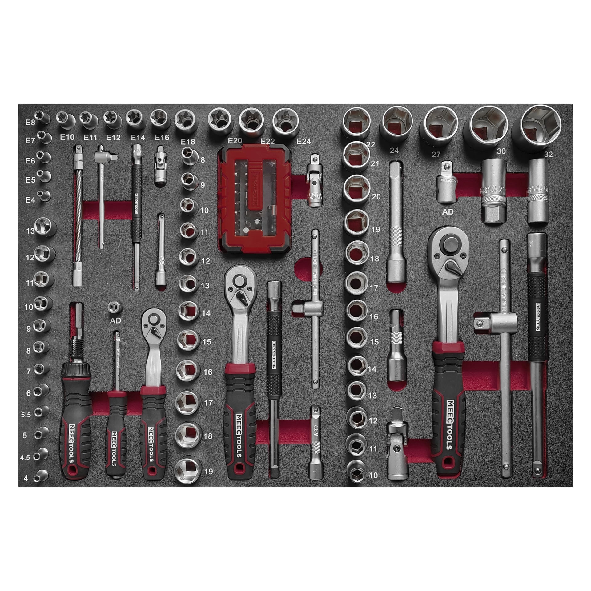 Der Meec Tools Tool Trolley umfasst 259 Teile und bietet eine große Auswahl an Steckschlüsseln, Ratschen, Verlängerungen und Steckschlüsseln, die ordentlich in einem schwarzen Schaumstoffbehälter angeordnet sind. Die Größen sind sowohl auf Werkzeugen als auch auf den Sockeln klar markiert, um sie bequem zu erkennen und leichten Zugriff zu gewährleisten.
