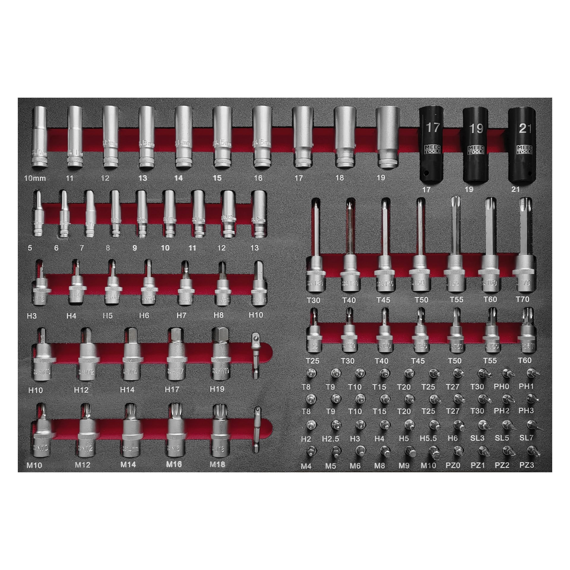 Das 259-teilige Set des Meec Tools Tool Trolley ist systematisch in einem grauen und roten Schaumstoffbehälter angeordnet, wobei Steckdosen, Schraubendreher-Bit und Torx-Bit jeweils nach Größe klar markiert und in geordneten Reihen von klein bis groß platziert sind.