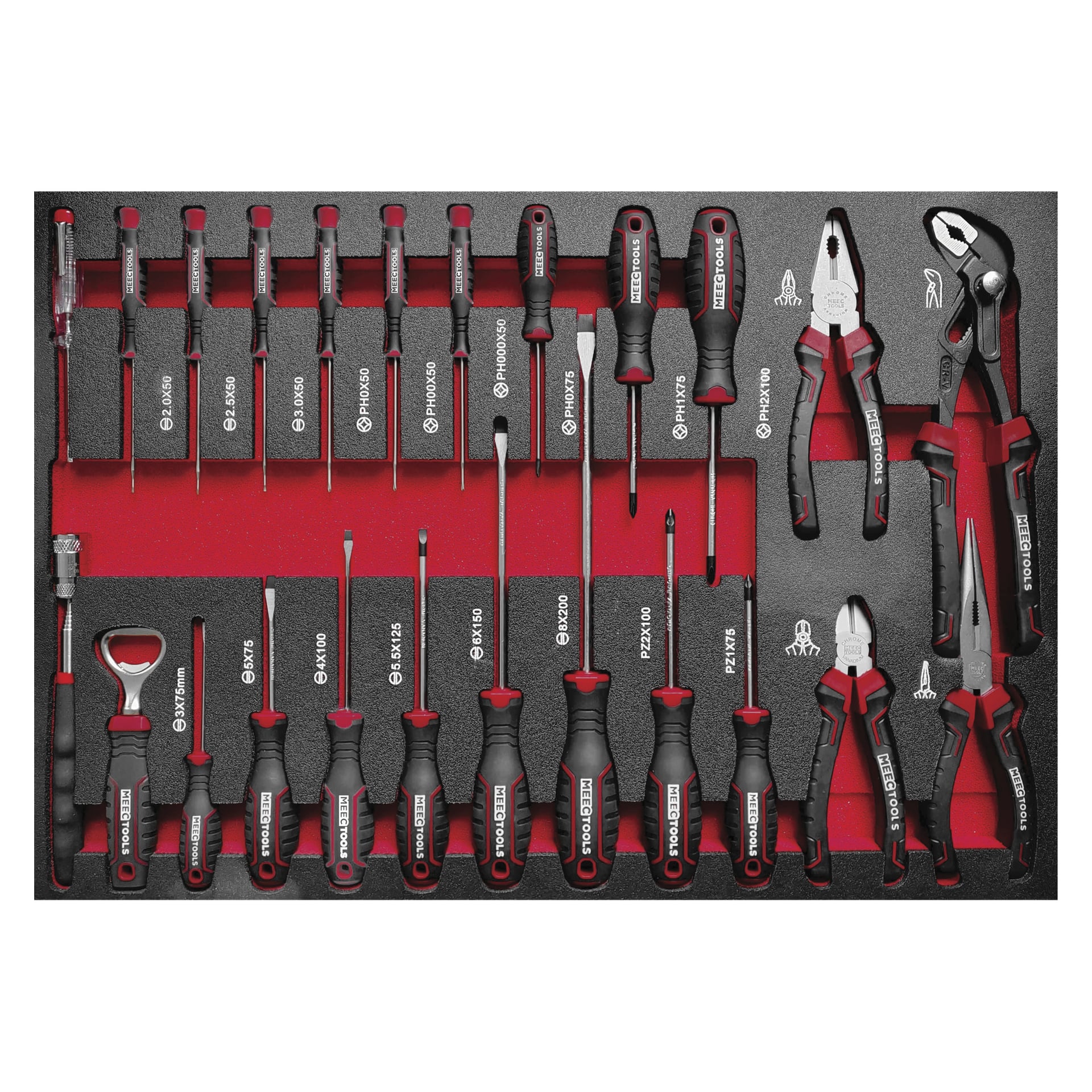 Der Meec Tools Werkzeugwagen mit 259 Teilen umfasst eine Auswahl an Handwerkzeugen, darunter Schraubendreher, Zange und einen Flaschenöffner. Alle Werkzeuge sind präzise in einem schwarzen Schaumstoffbehälter mit roten Akzenten angeordnet, und jedes Werkzeug hat seine Größe und Typ zur einfachen Identifikation markiert.