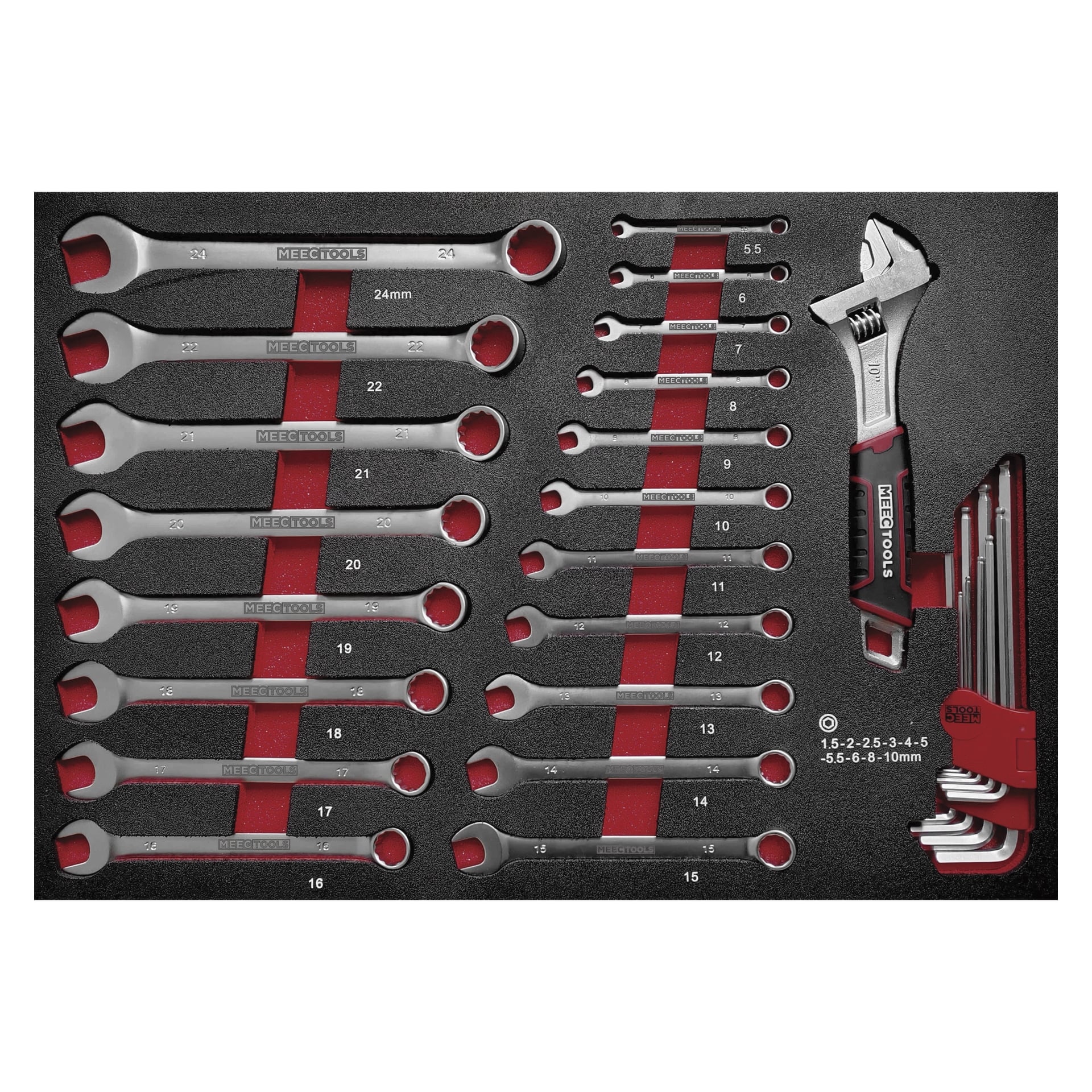 Der Meec Tools Tool Trolley umfasst 259 Teile, darunter verschiedene Schraubenschlüssel, einen verstellbaren Schraubenschlüssel und eine Sammlung von Inbusschlüsseln. Alle Werkzeuge sind in einem Schaumstoffbehälter mit roten Schaumstofftrennern organisiert, um jeden Gegenstand getrennt und leicht zugänglich zu halten. Die Schraubenschlüssel sind nach Größe von 6 mm bis 24 mm angeordnet, mit klarer Beschriftung für jedes Werkzeug.