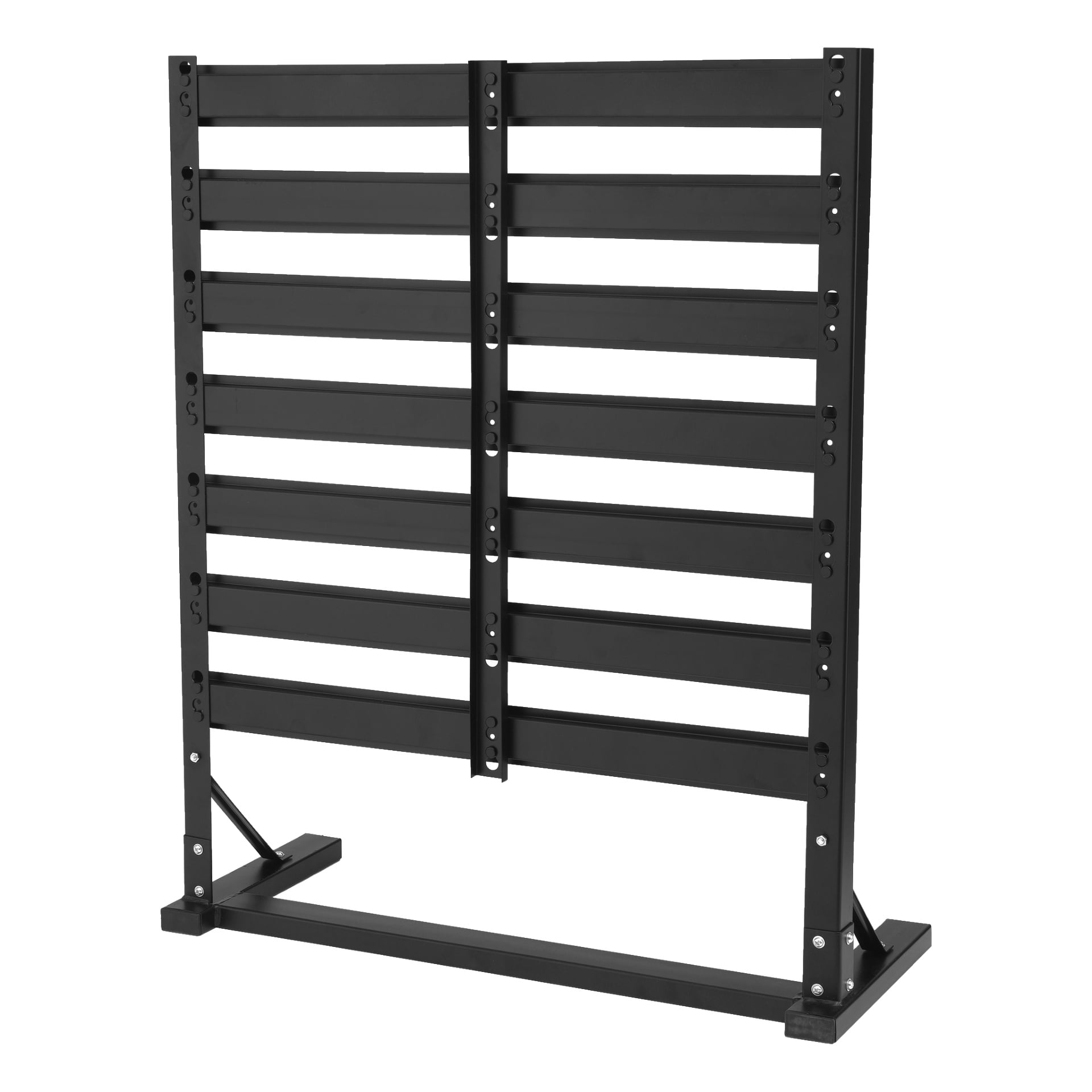 "Hard Head Floor stand for asortment boxes" to metalowy stojak z poziomymi listwami, dwoma pionowymi podporami i szeroką podstawą, zaprojektowany do przechowywania lub prezentacji przedmiotów.