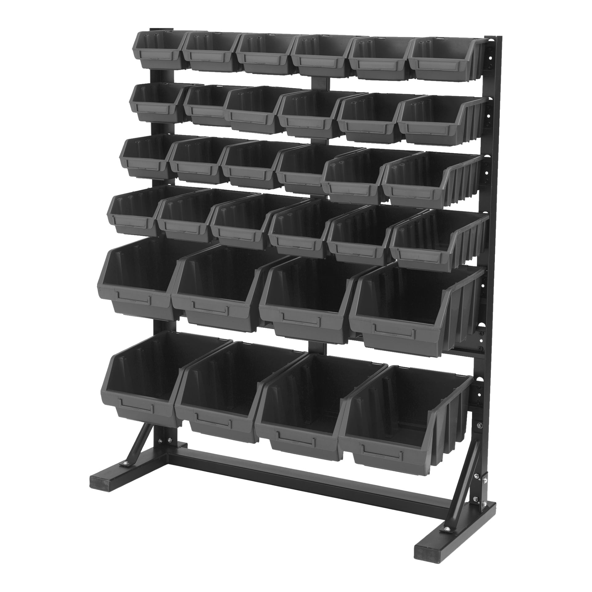 Stojak Hard Head Floor dla pudeł z asortymentem (Hard Head Floor) posiada czarną metalową ramę z solidnymi nogami, podtrzymującą 20 czarnych plastikowych pojemników ułożonych w cztery rzędy pod kątem dla wygodnego dostępu.