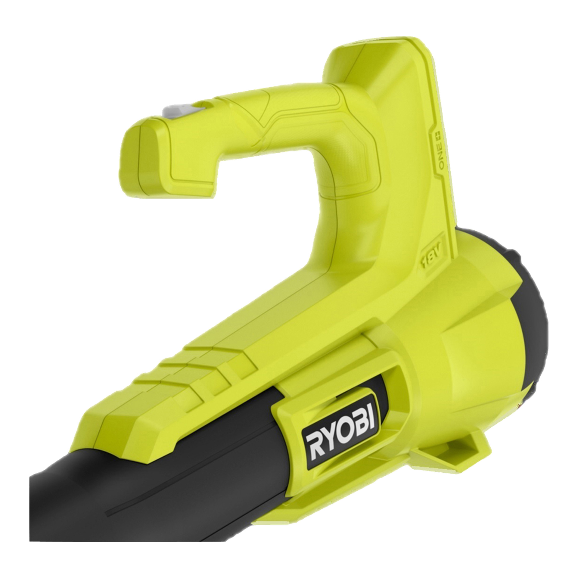 Detaljert bilde av håndtaket og øvre del av den knallgule Ryobi One+ RY18BLA-120 batteridrevne løvblåseren, med en svart Ryobi-logo, teksturert grepområde og et eksponert batterirom; En del av dysen og avtrekkeren kan også sees.