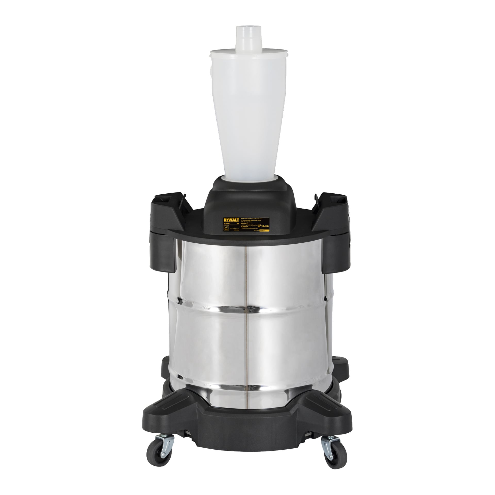 DeWalt Dust Separator DXVCS003 har en kaross i rostfritt stål, en svart bas med hjul och en vit konisk separator ovanpå. Den har handtag på varje sida och en gul etikett placerad på framsidan.