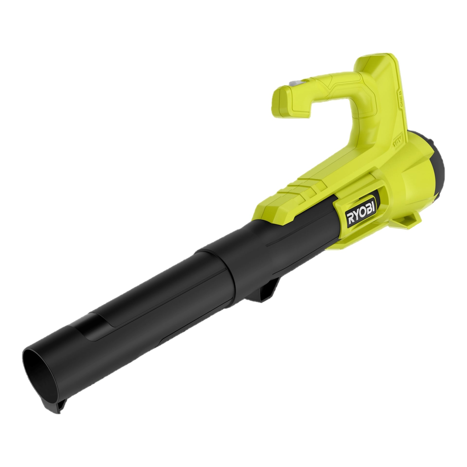 Ryobi One+ RY18BLA-120 løvblåseren, vist i gult og svart, har pistolgrep og en lang dyse, ment for å fjerne løv og utføre utendørs hageoppgaver.