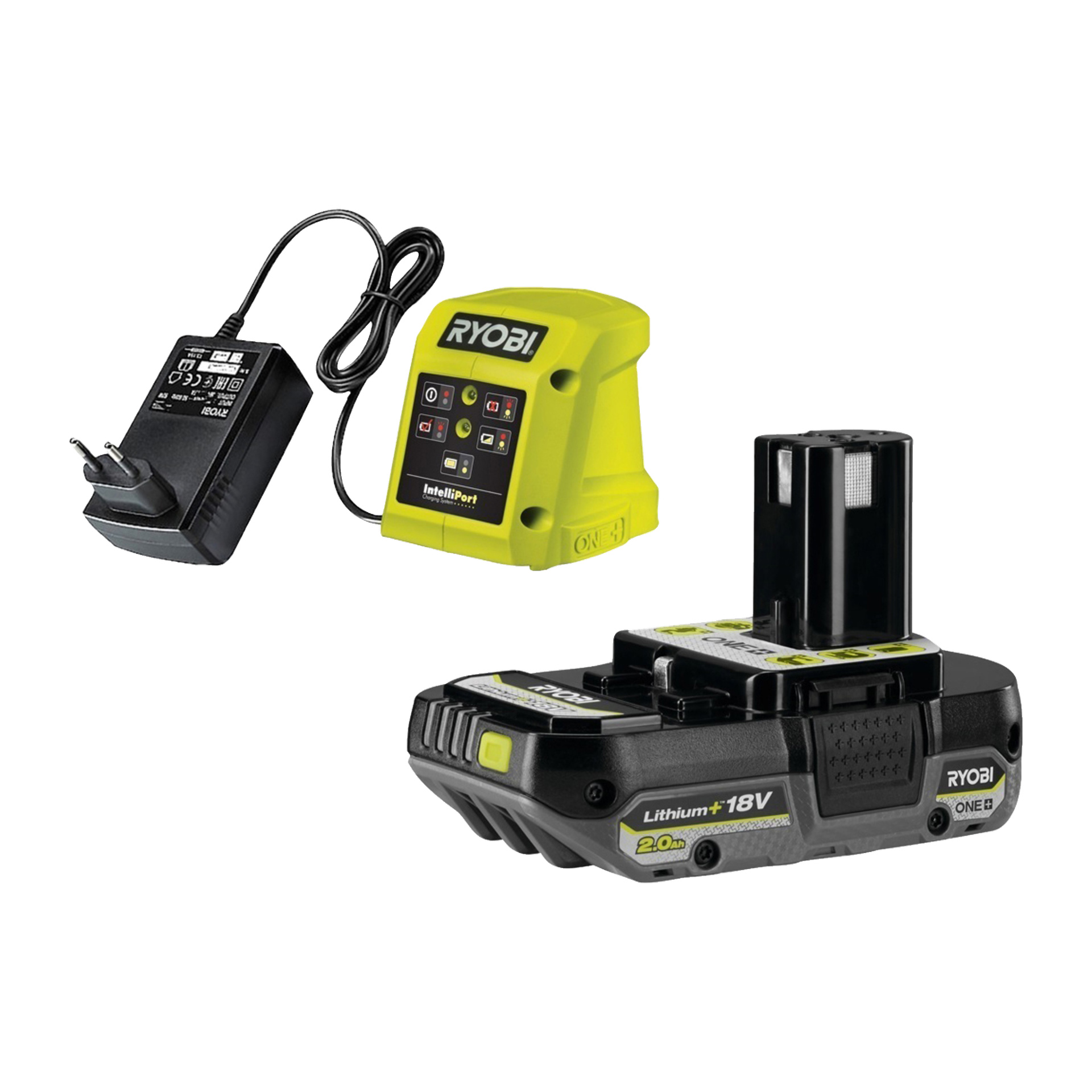 En Ryobi One+ batteridrevet løvblåser (modell RY18BLA-120) vises sammen med et 18V litiumbatteri, en lader med indikatorlys og en strømadapter med plugg.