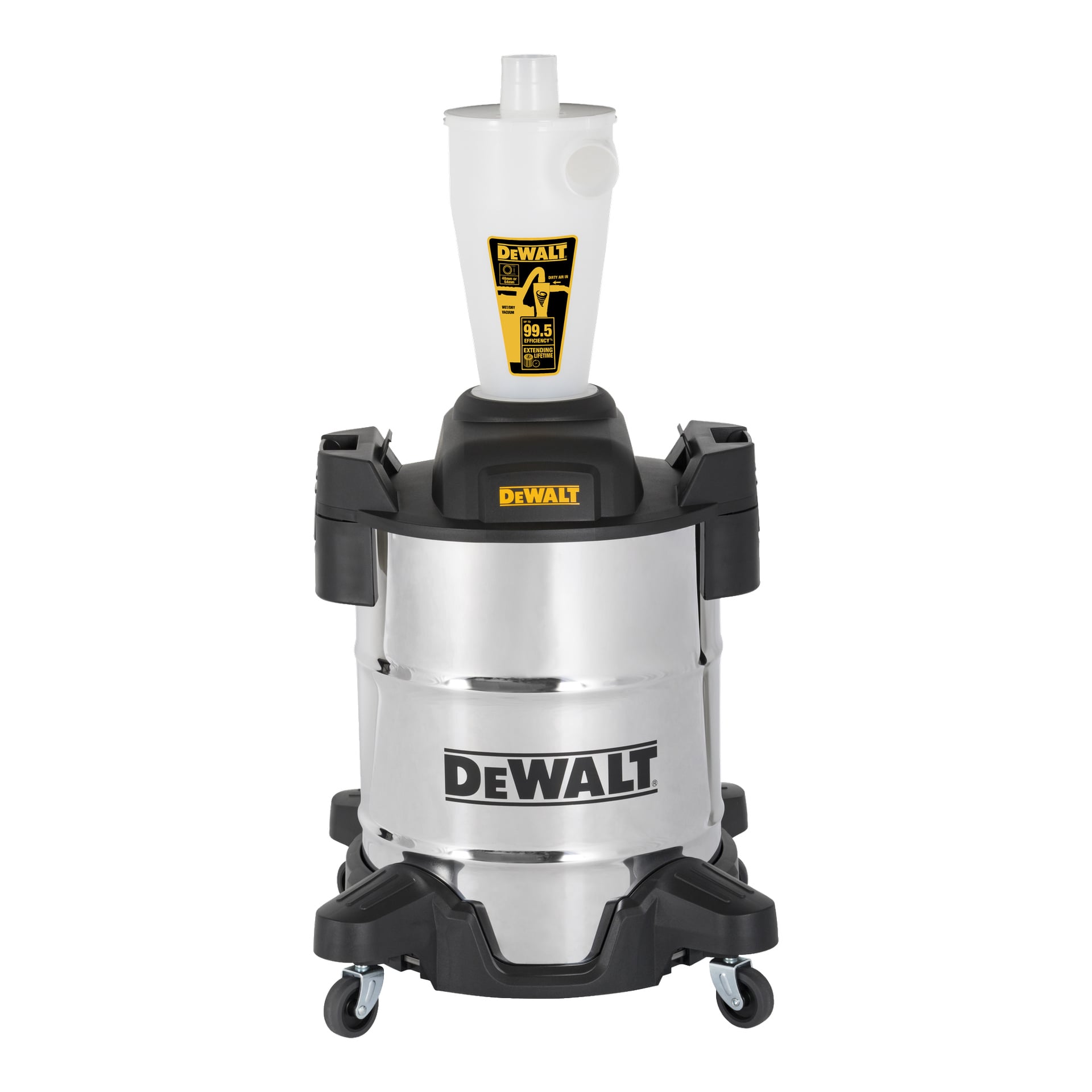 DeWalt Dust Separator DXVCS003 har en kaross i rostfritt stål, svarta hjul och handtag samt en integrerad cyklondammseparator. Högst upp finns en vit trattformad komponent markerad med filtreringsinformation.
