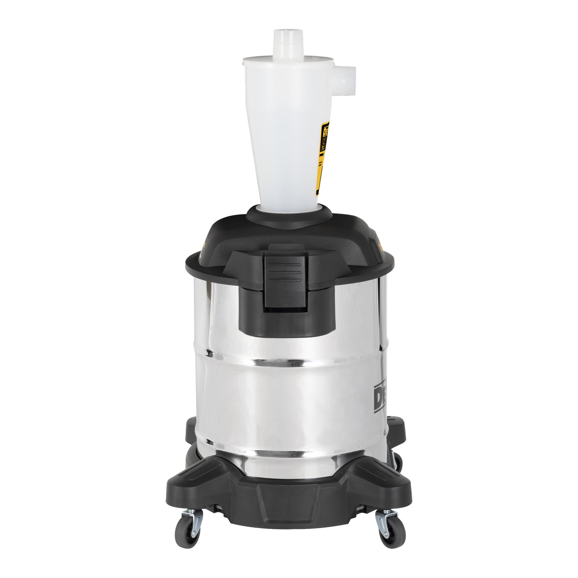 En DeWalt Dust Separator DXVCS003, bestående av en dammsugare i rostfritt stål med svart plasttopp, vit dammavskiljare och fyra hjul.