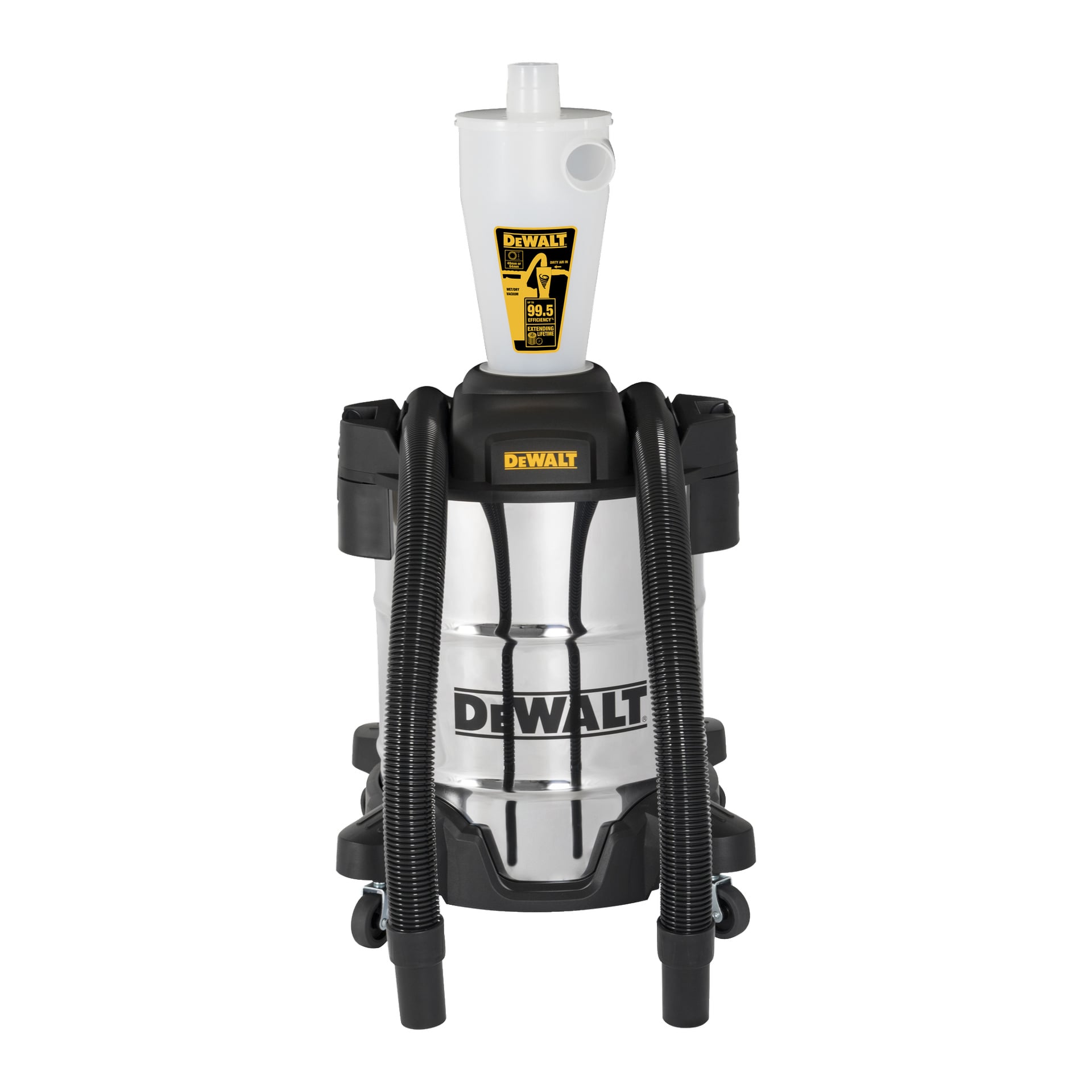 En DeWalt våttorr dammsugare i rostfritt stål med hjul, två slangar, ett svart lock och en DeWalt DXVCS003 dammavskiljare (vit cyklonfäste) monterad ovanpå.