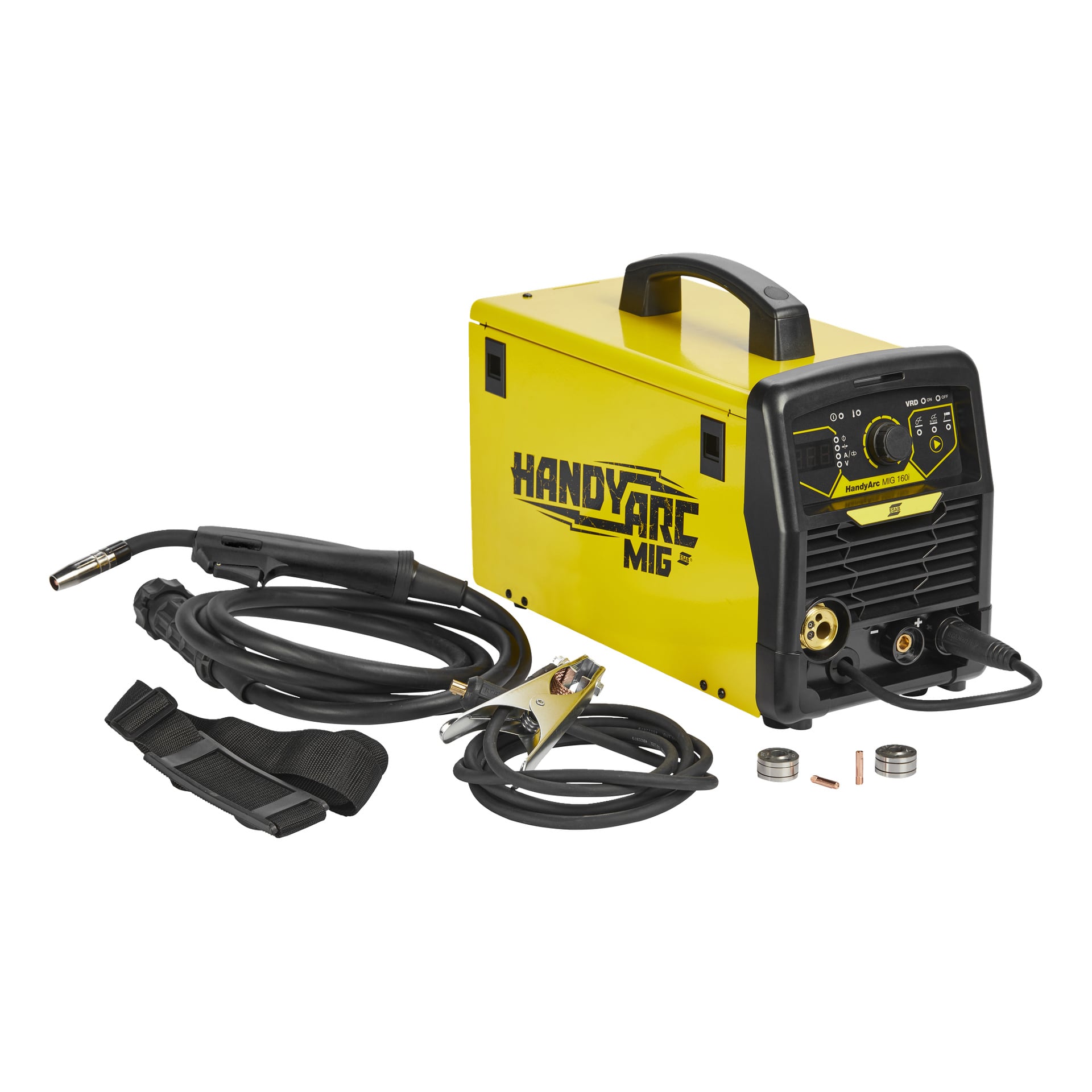 Ein gelber ESAB Handyarc Inverter-Schweißer mit Griff ist zu sehen, begleitet von einem MIG-Brenner, einer Erdungsklemme mit Kabel, Schulterriemen und mehreren kleinen Schweißzubehör, die vorne angeordnet sind.