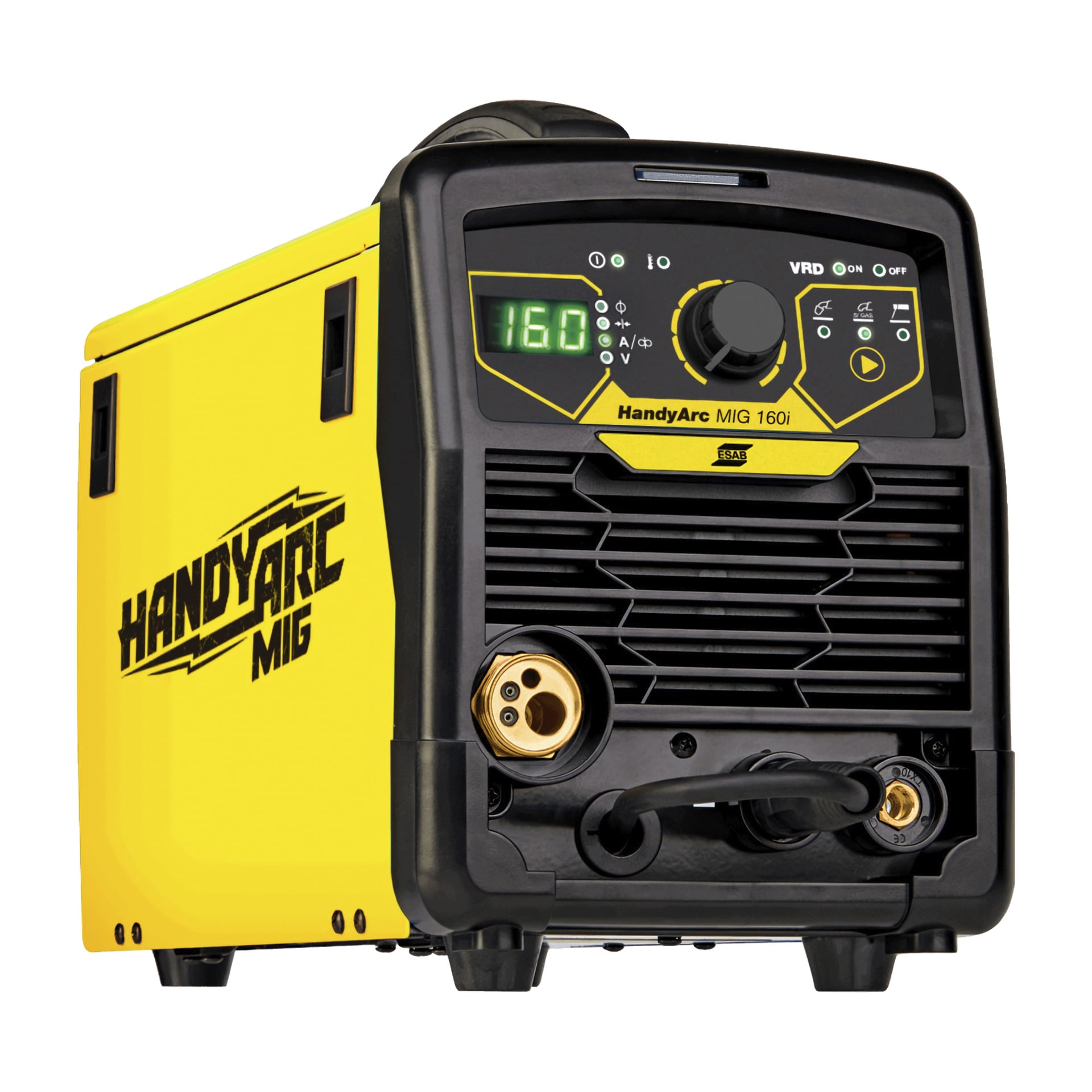 Das ESAB HandyArc MIG 160i Inverter-Schweißgerät in Gelb und Schwarz zeigt auf seinem digitalen Bildschirm die Zahl 160 an und verfügt über mehrere Bedienknöpfe, Anschlüsse und das ESAB-Logo an der Seite. Der Stromschalter ist eingeschaltet.