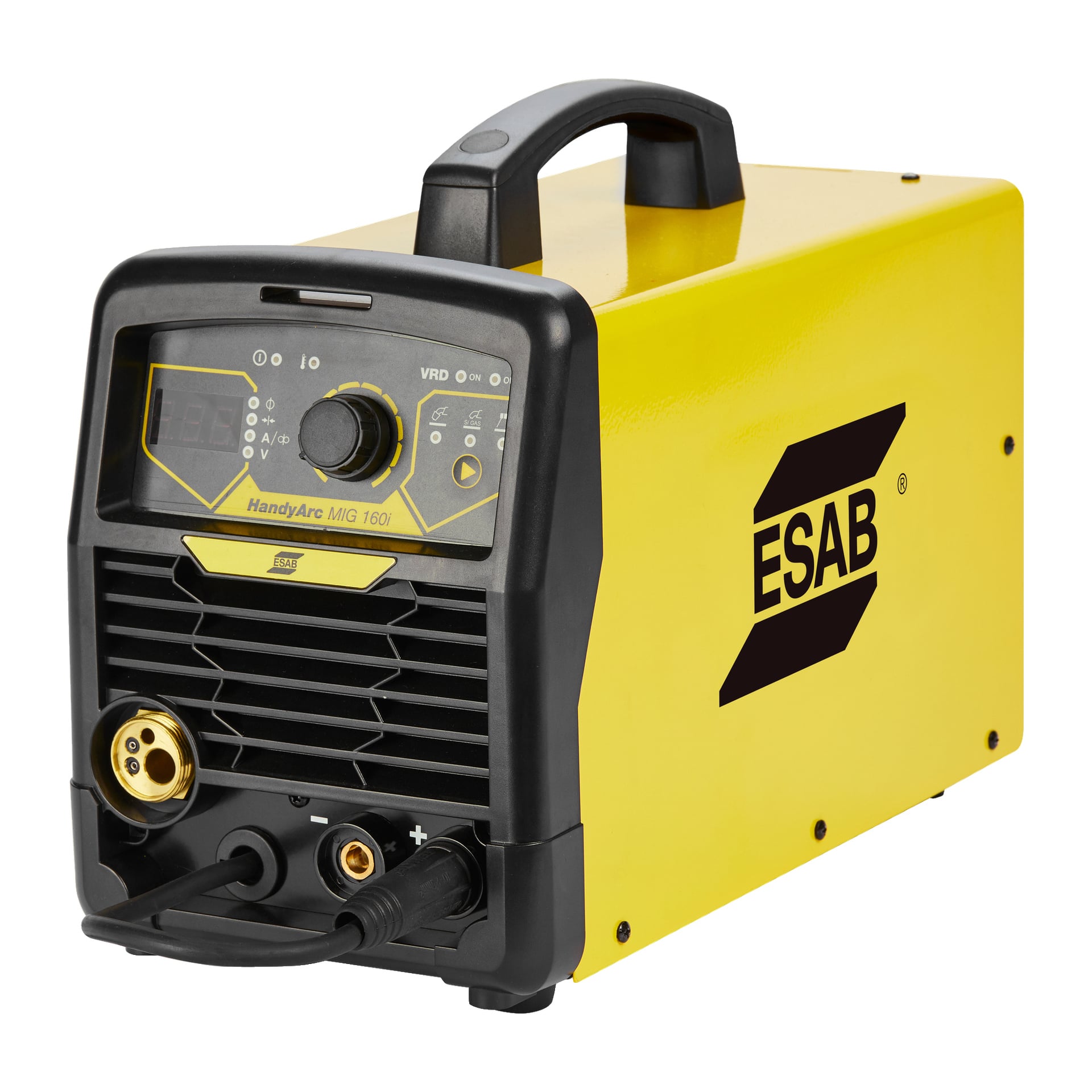 Ein gelb-schwarzer ESAB Handyarc Inverter-Schweißgerät mit einem oberen Tragegriff, digitalem Bildschirm, nach vorne gerichteten Bedienknöpfen und Anschlüssen.