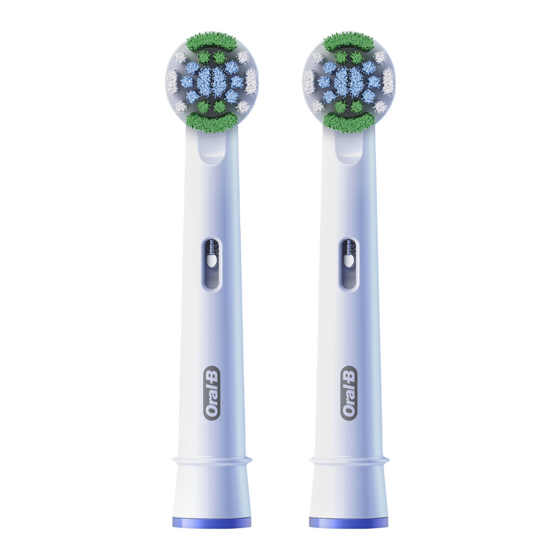 To Oral-B Precision Clean erstatningsbørster, hver med blå, grønne og hvite børster, står oppreist ved siden av hverandre.