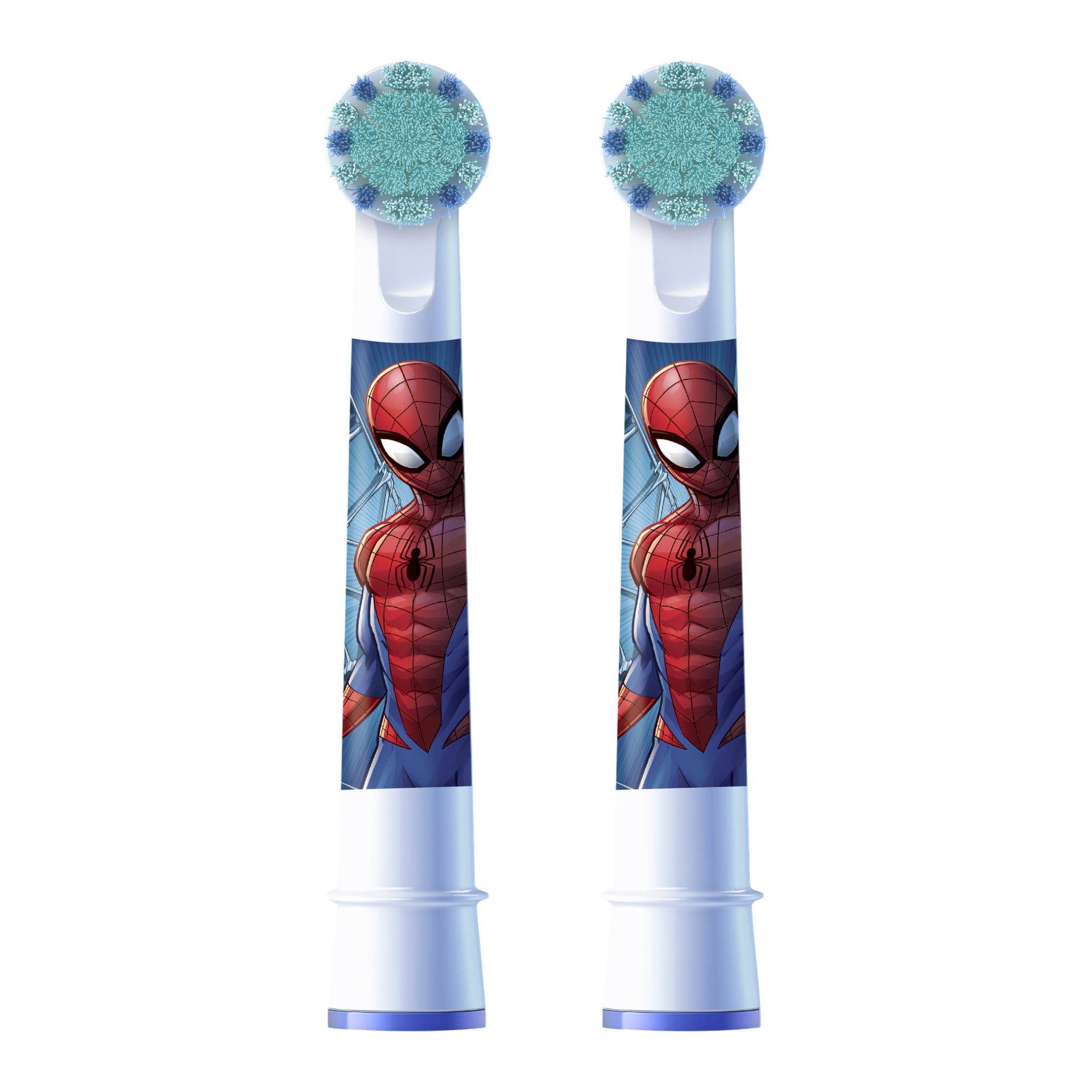 Par Oral-B Pro Kids børstehoder (2-pakning) med Spider-Man-grafikk vist på håndtakene, hver toppet med blå, hvite og grønne børster.