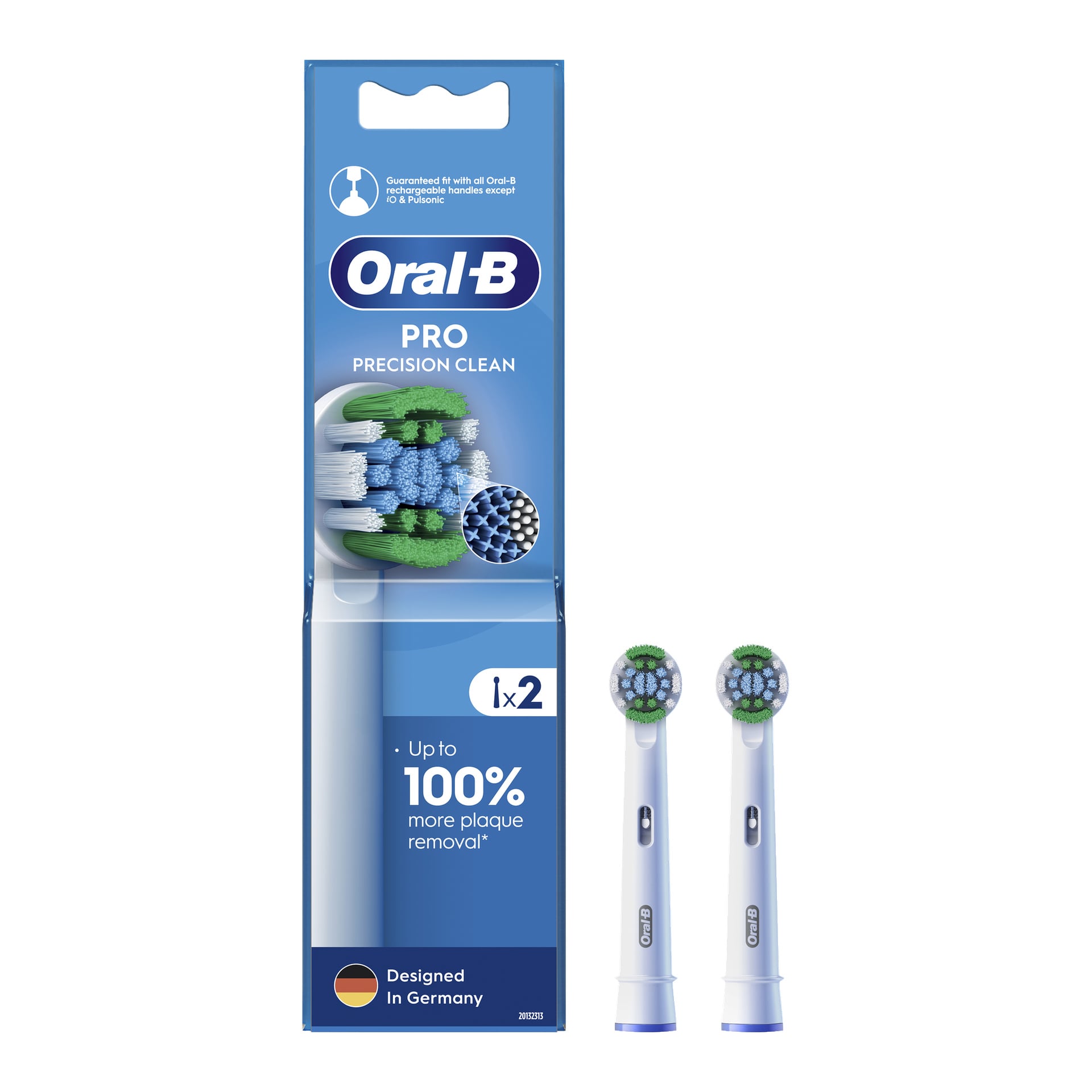 En pakke med Oral B Precision Clean børstehoder (2-pakning) vises ved siden av to erstatningsbørster. Den blå og hvite esken fremhever produktinformasjon med fremtredende Oral B-merkevare.
