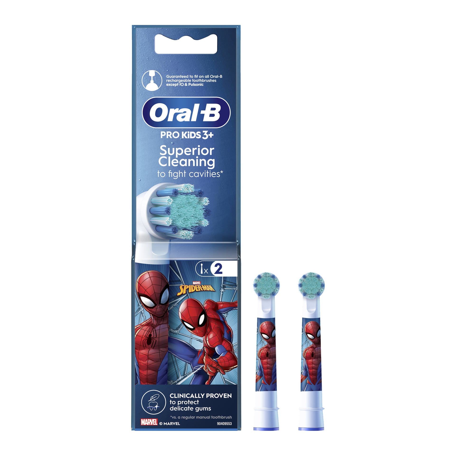 Oral B Pro Kids erstatningstannbørstehode, 2-pakning, med et lekent Spider-Man-design, gir effektiv rengjøring og skånsom pleie for barn fra 3 år og oppover.
