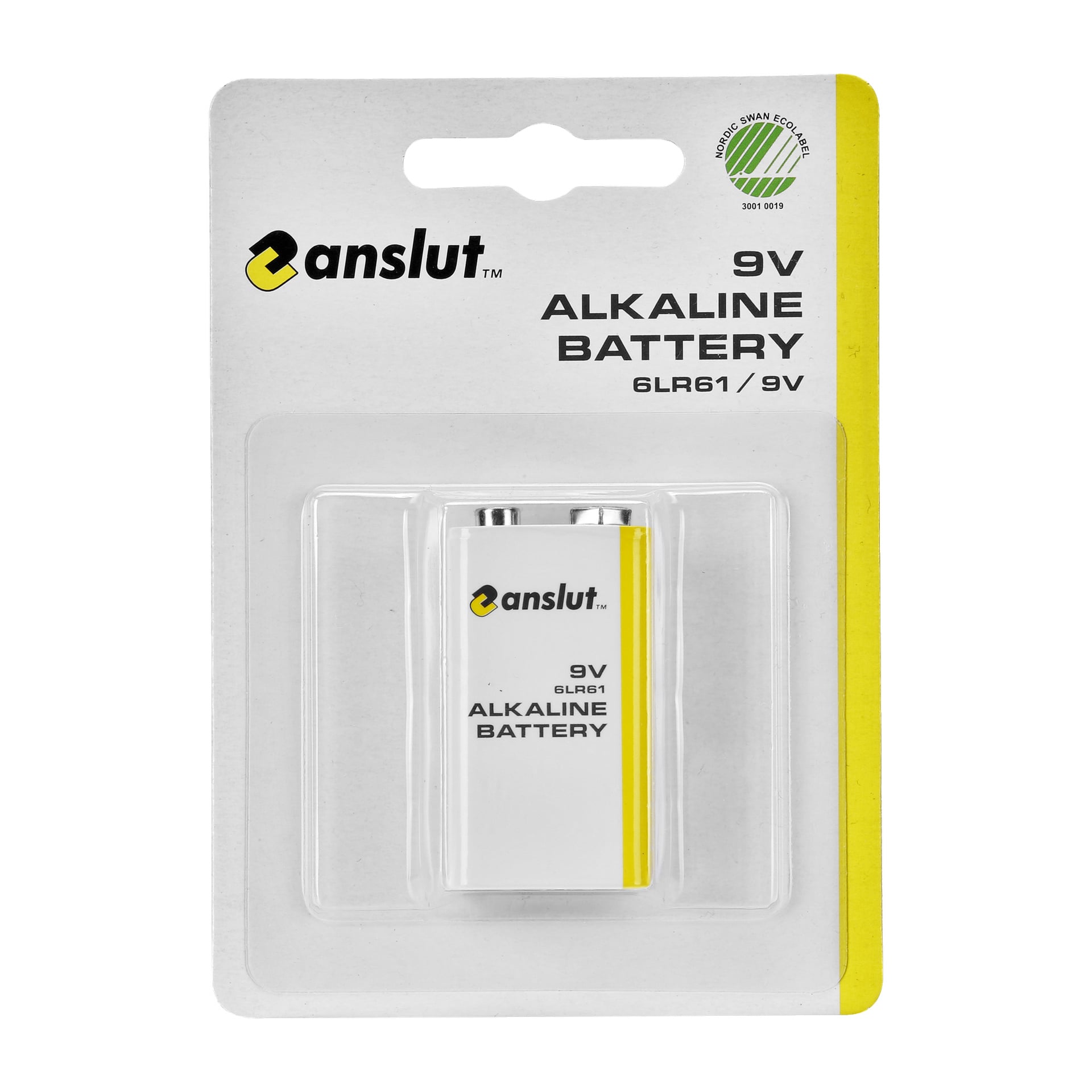 Eine Anslut 9 V Batterie in weißer und gelber Verpackung, mit Produktinformationen und einem Nordic Swan Ecolabel oben rechts.
