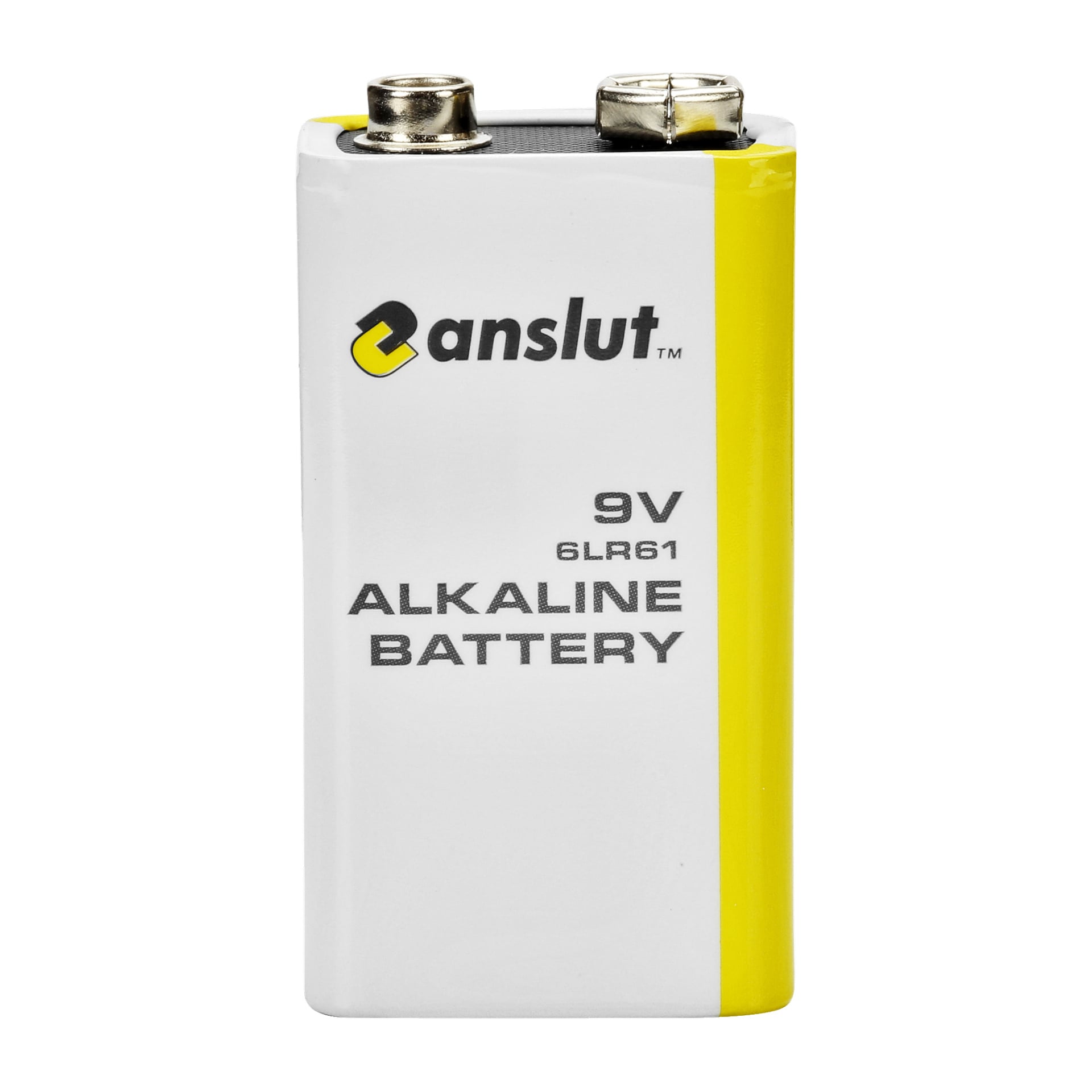 Eine 9V Anslut-Batterie in Weiß und Gelb, Modell 6LR61, zeigt beide Anschlüsse auf der Oberseite.