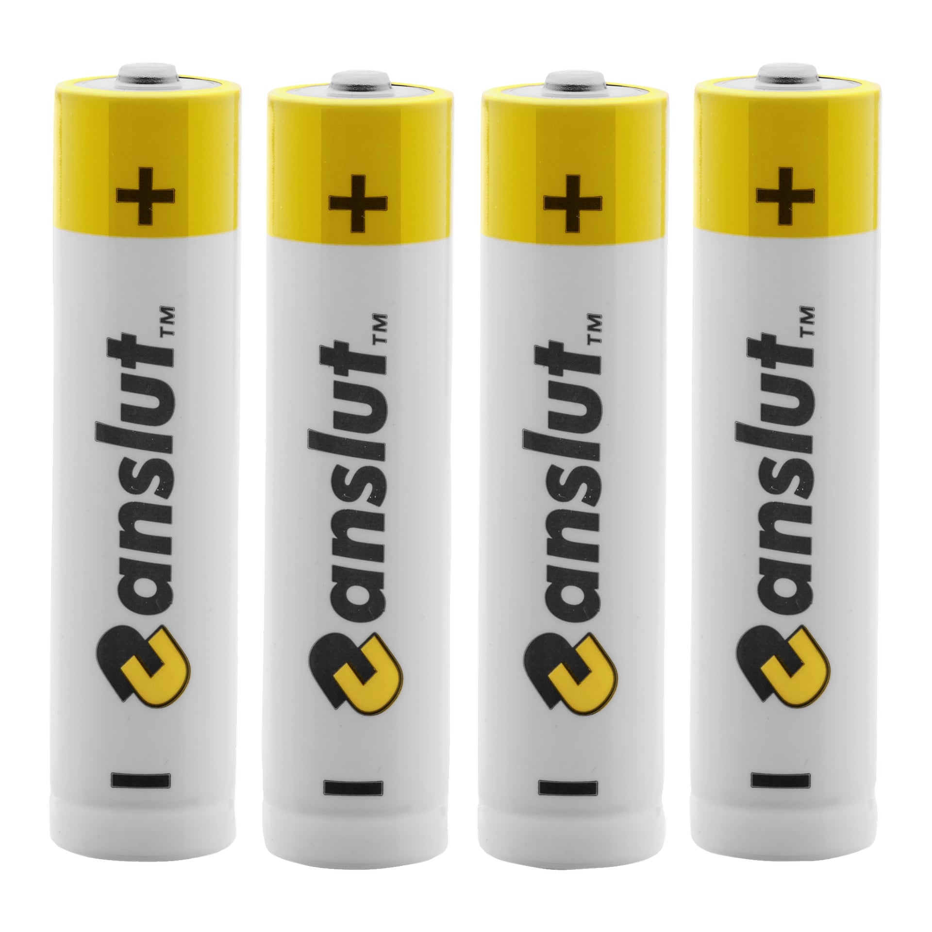 Fyra AAA-batterier med vitt och gult hölje står upprätt i rad, var och en med ett svart plustecken ovanpå och "Anslut" tryckt vertikalt längs sidan.