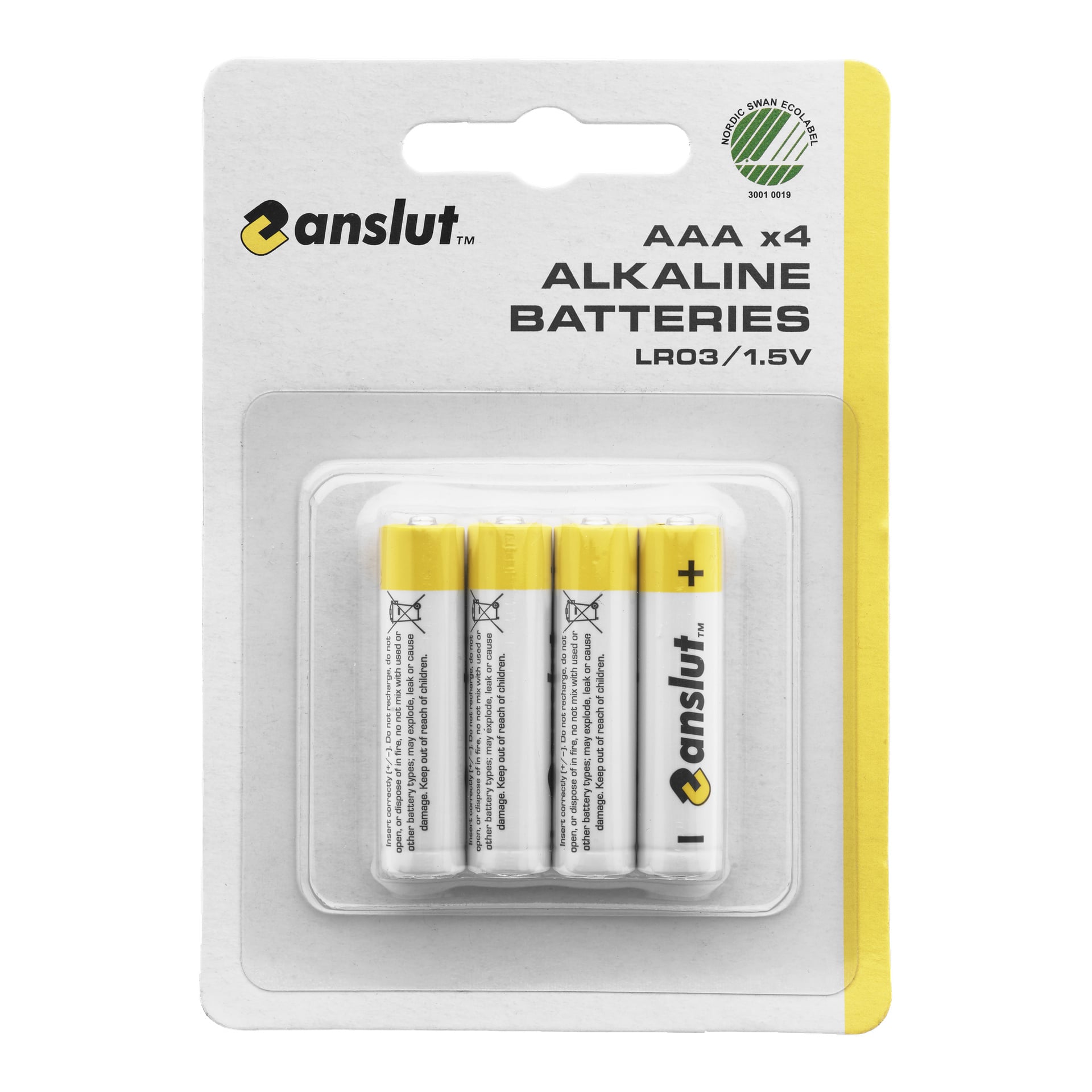 Ett 4-pack AAA Anslut-batterier i en genomskinlig blistisk med vita och gula etiketter, på kartongbakomslag. Förpackningen lyder: "4-pack".