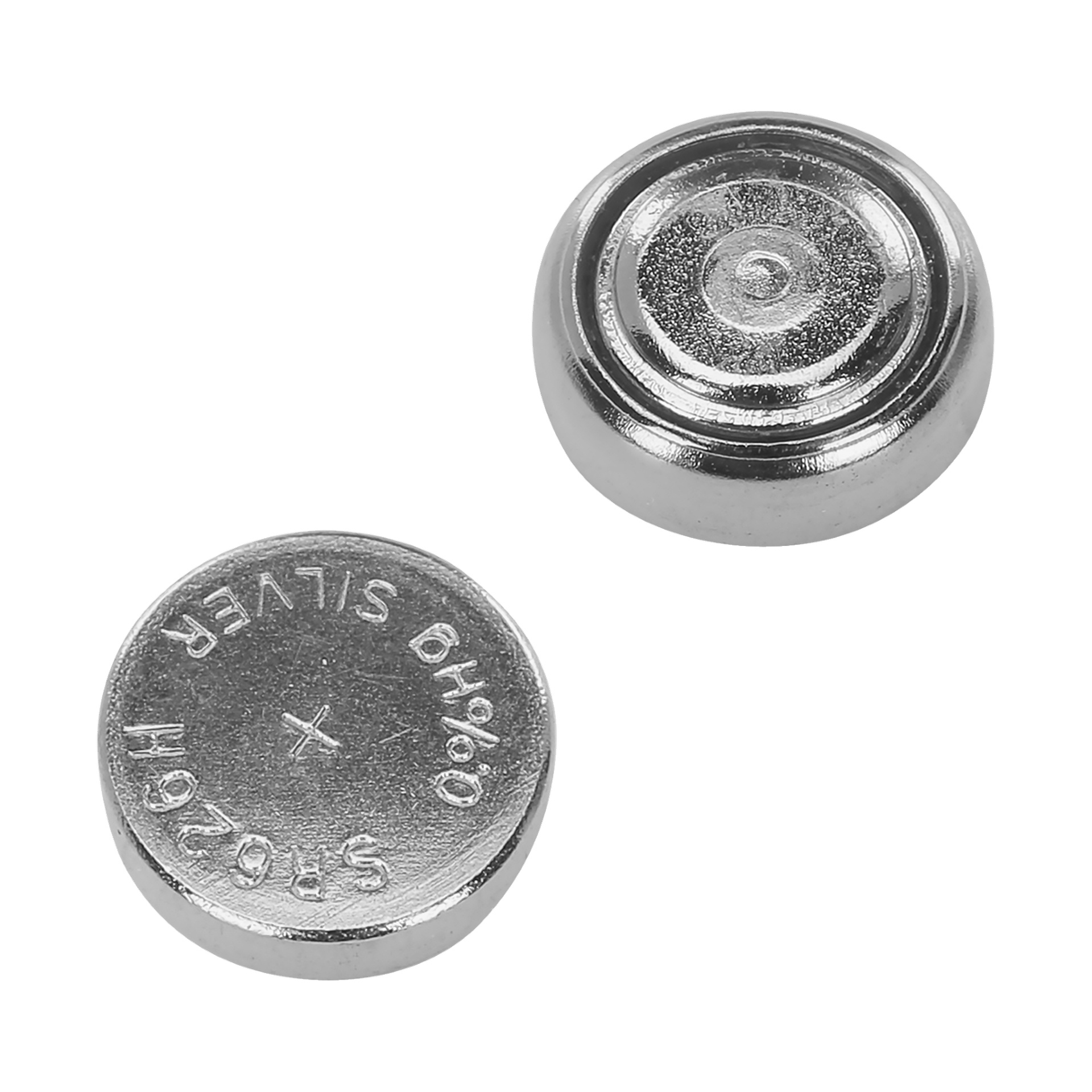 To små, runde sølvbatterier fra Ansluts Button Cell Batteries Extreme Power 2-pakke vises. Den ene viser den flate oversiden, og den andre avslører bunnen med inngraverte markeringer som «SR926SW», «SILVER» og «0%Hg».