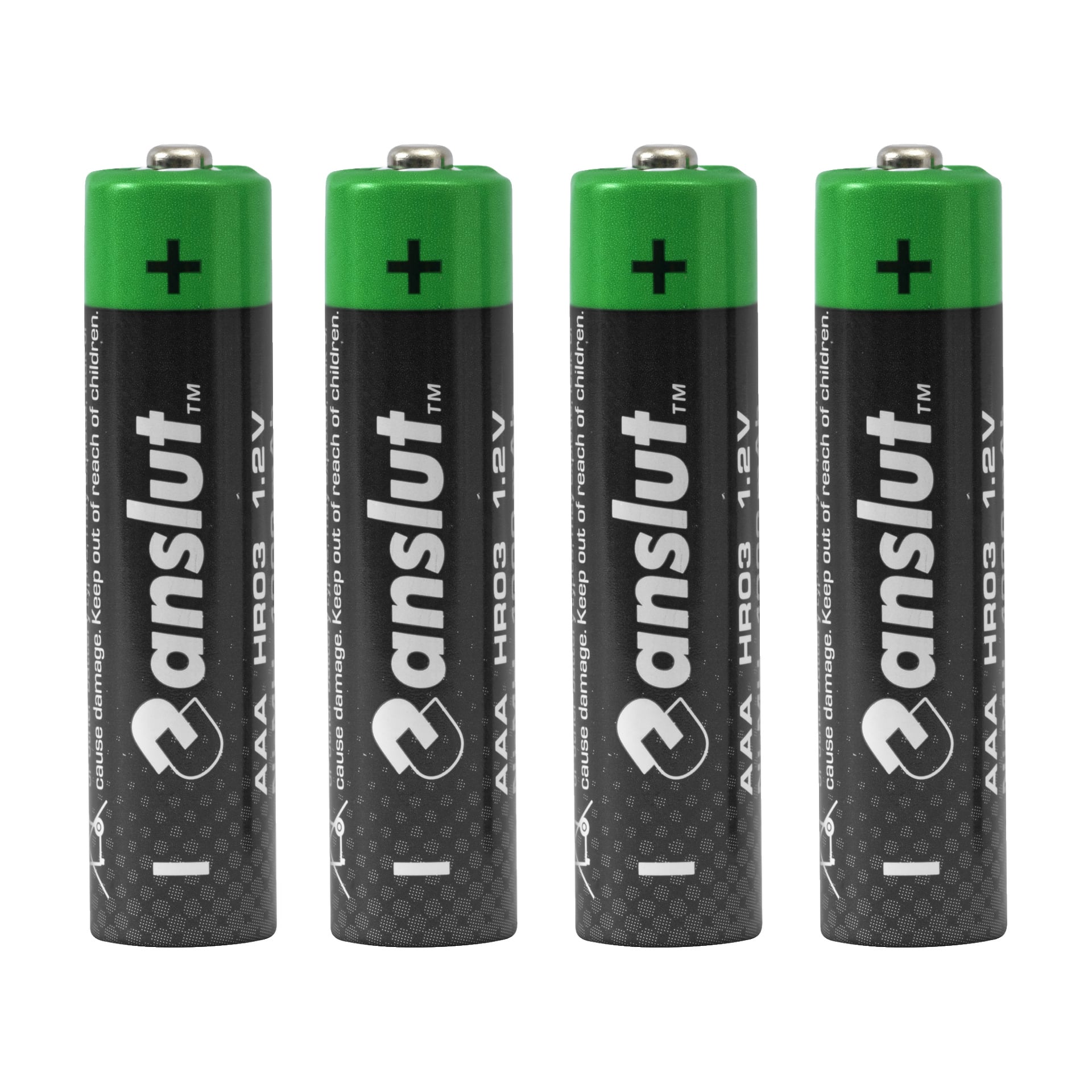 Cztery czarno-zielone akumulatory AAA Anslut Eco Power stojące w pionie.