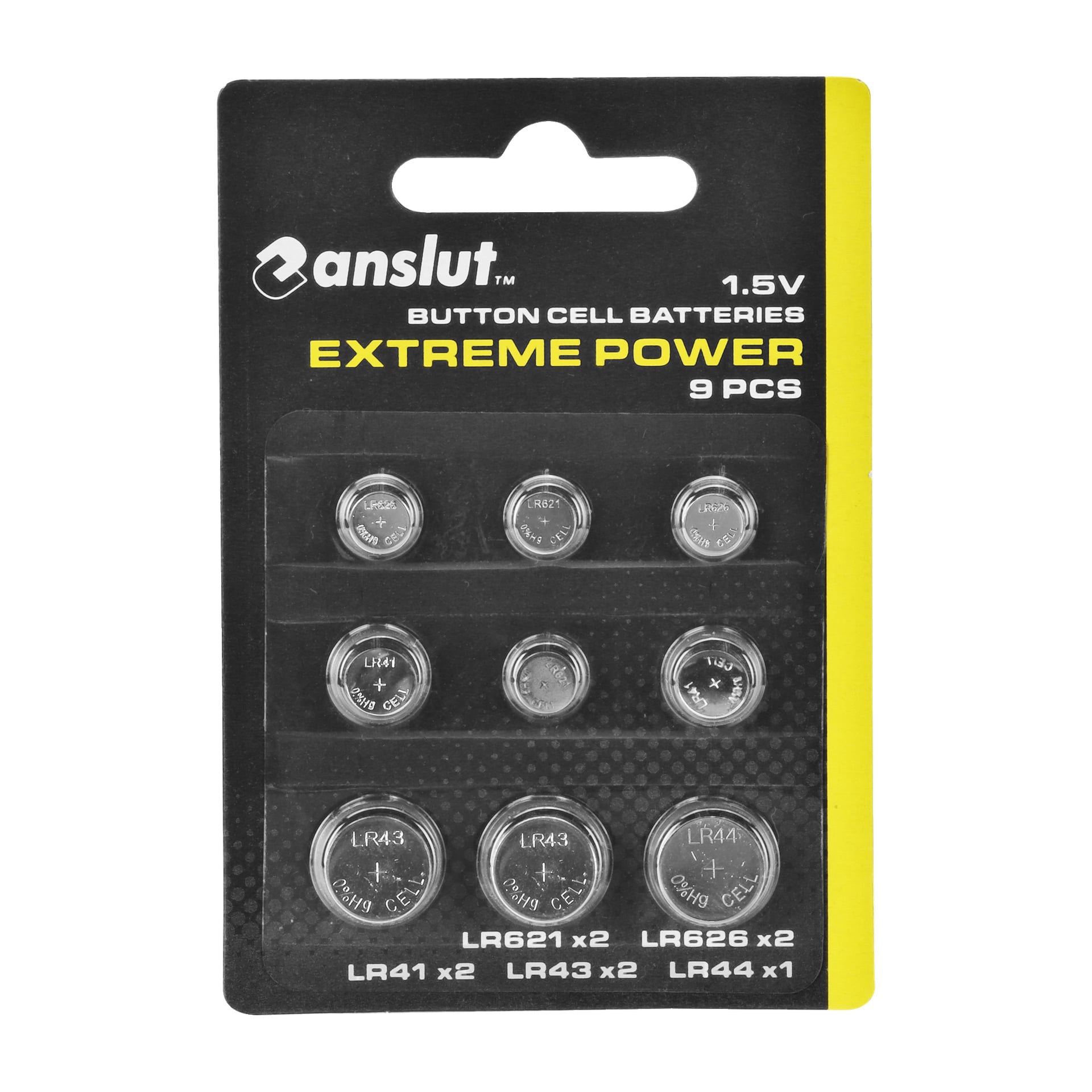 Ni Anslut Button Cell Batteries Extreme Power er pakket i en svart og gul pakke. Emballasjen fremhever Anslut-merket, og spesifiserer batteritypene LR41, LR43, LR44, LR621 og LR626 med deres antall angitt under.