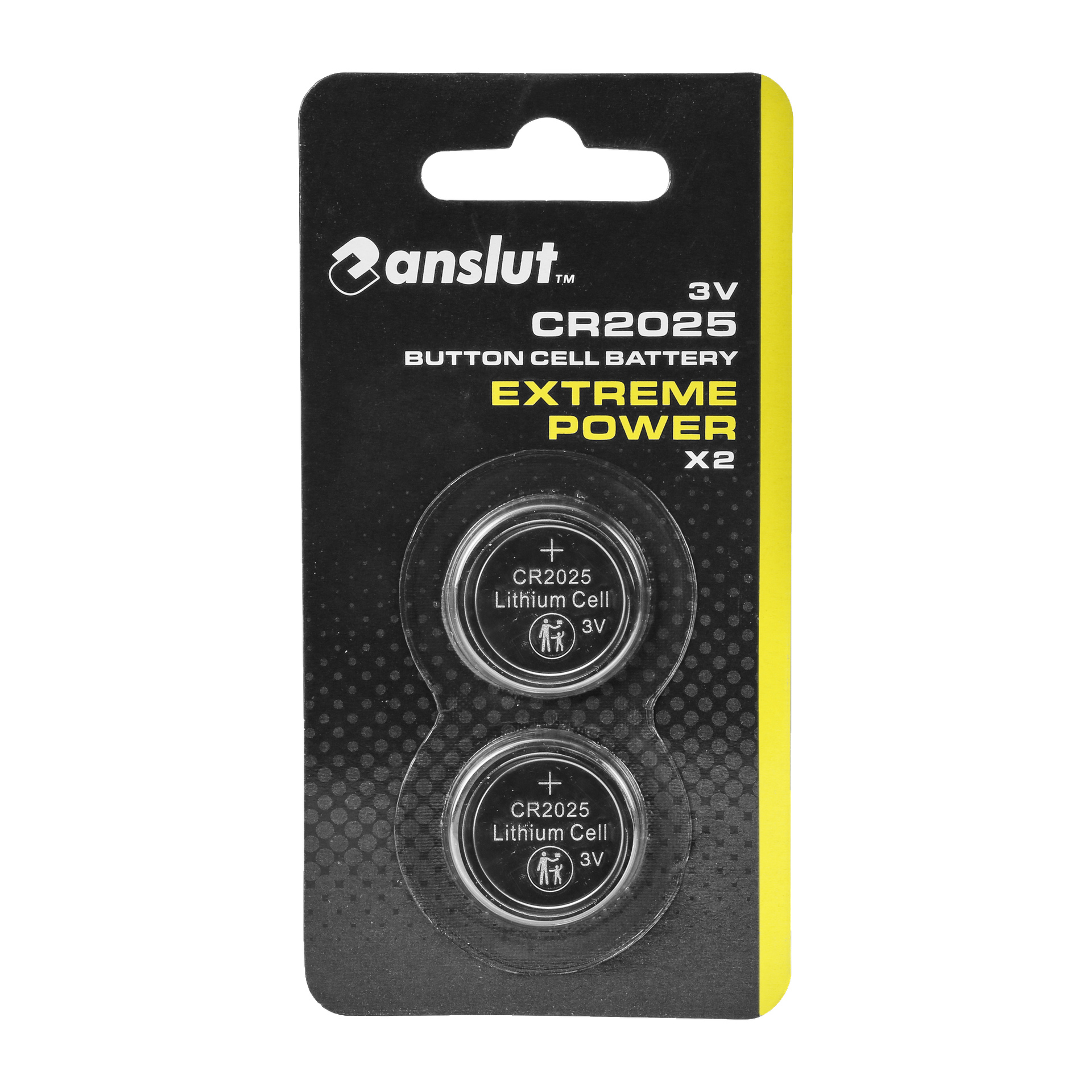 To Anslut Extreme Power-batterier i en pakke, synlige gjennom gjennomsiktig plastemballasje festet til et svart og gult kort.