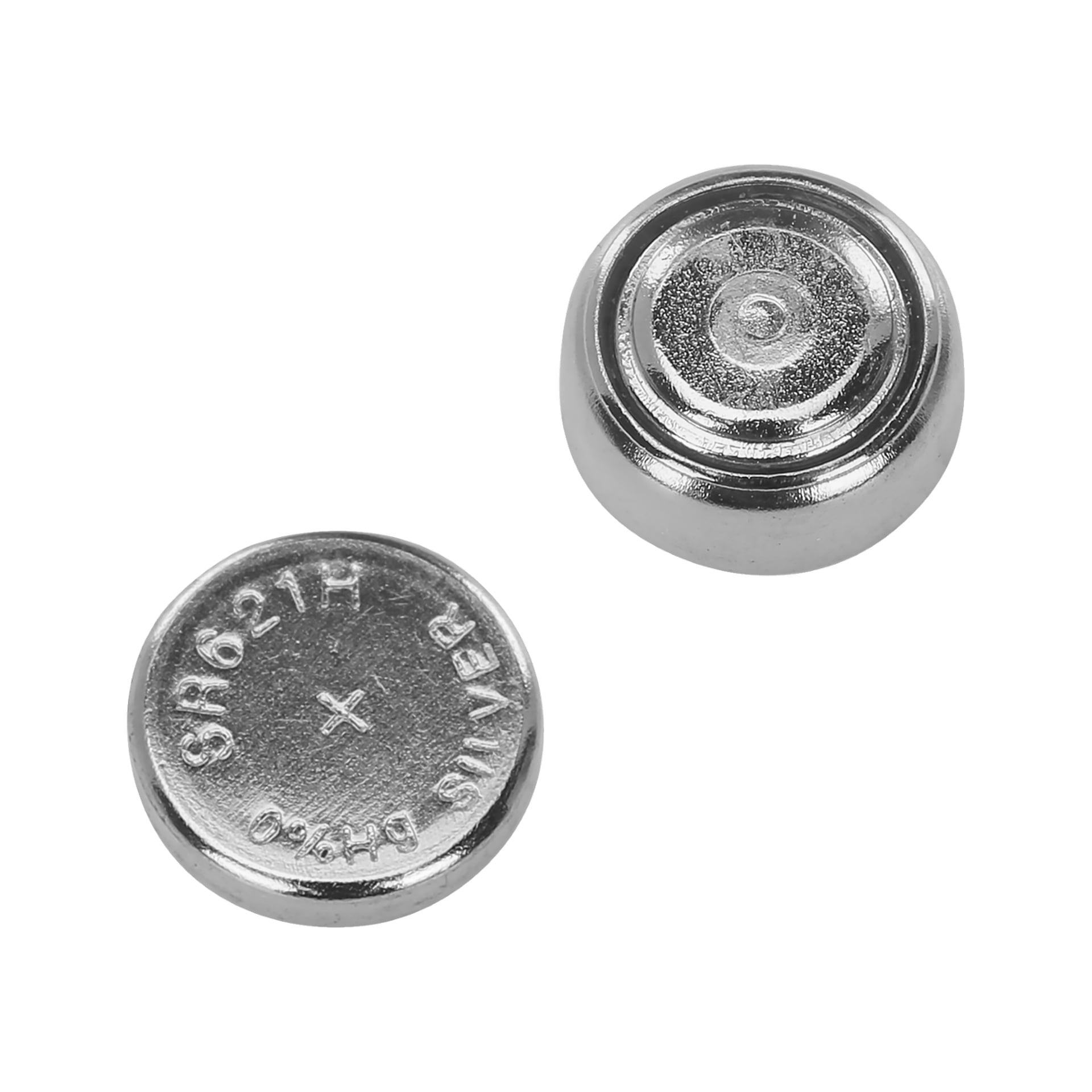 Två små, runda Anslut Button-batterier från Extreme Power 2-paketet visas. Ett batteri står upprätt med sin platta topp synlig, medan det andra är vänd och visar texten "SR621H 1.5V 364 SILVER OXIDE" ingraverad på ytan.