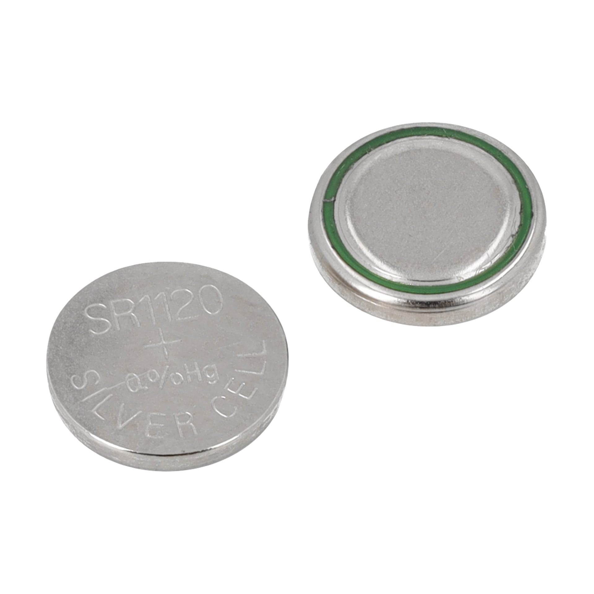 To sølvfargede Anslut-knappcellebatterier, ett med teksten SR1120, +, 0 % Hg og SILVER CELL.