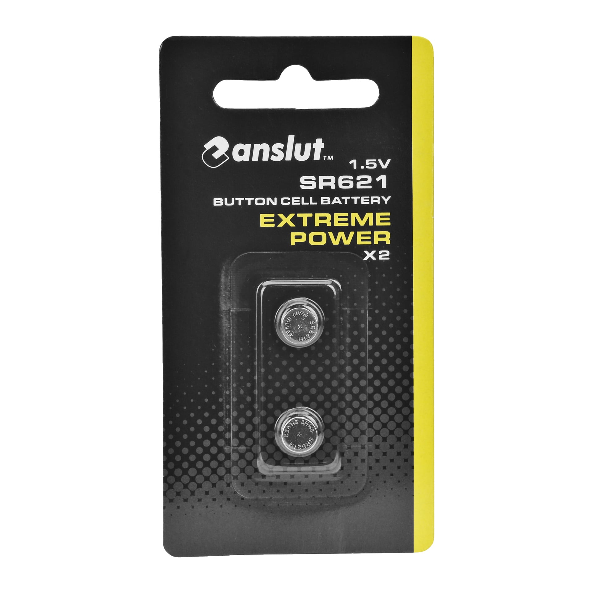 Ett svart och gult blåspaket märkt Anslut Button Cell Batteries Extreme Power 2-pack, med två små silverbatterier förseglade i genomskinliga fack.