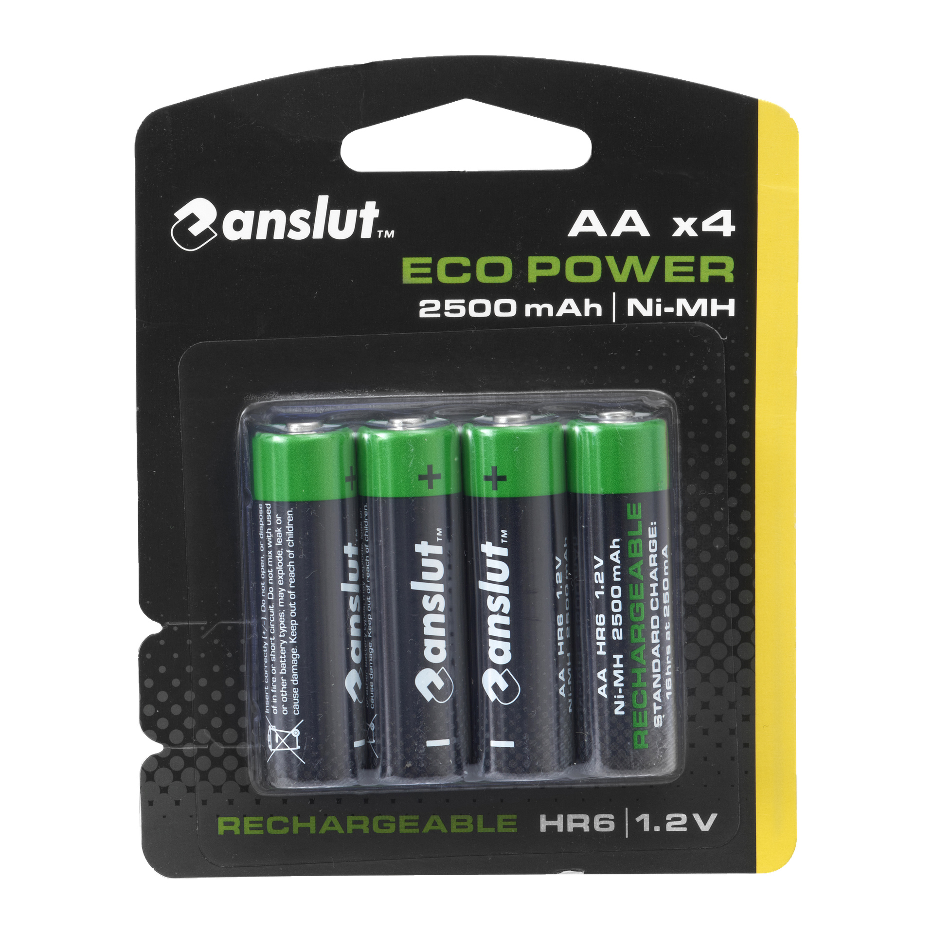 Neljä Anslut Eco Power -ladattavaa AA-paristoa, joista jokainen on 2500 mAh ja 1,2V Ni-MH, mustalla ja vihreällä. Pakkaus on musta, jossa on vihreän ja valkoisen yksityiskohtia.