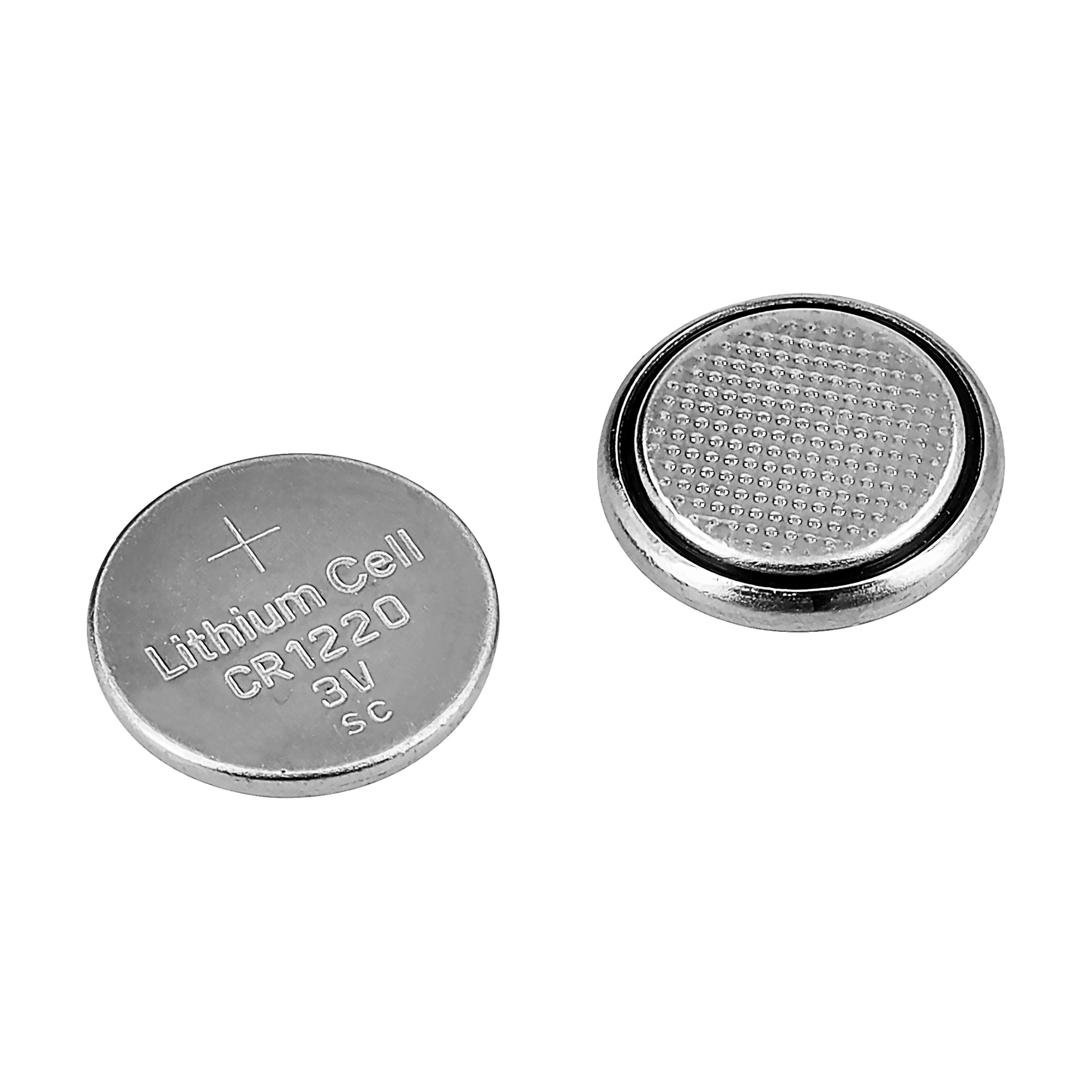 Zwei Anslut Extreme Power-Knopf-Batterien aus einem 2er-Pack; eine zeigt das Etikett und die Spezifikationen, die andere zeigt die strukturierte Rückseite. Beide sind kleine, runde Metallbatterien.