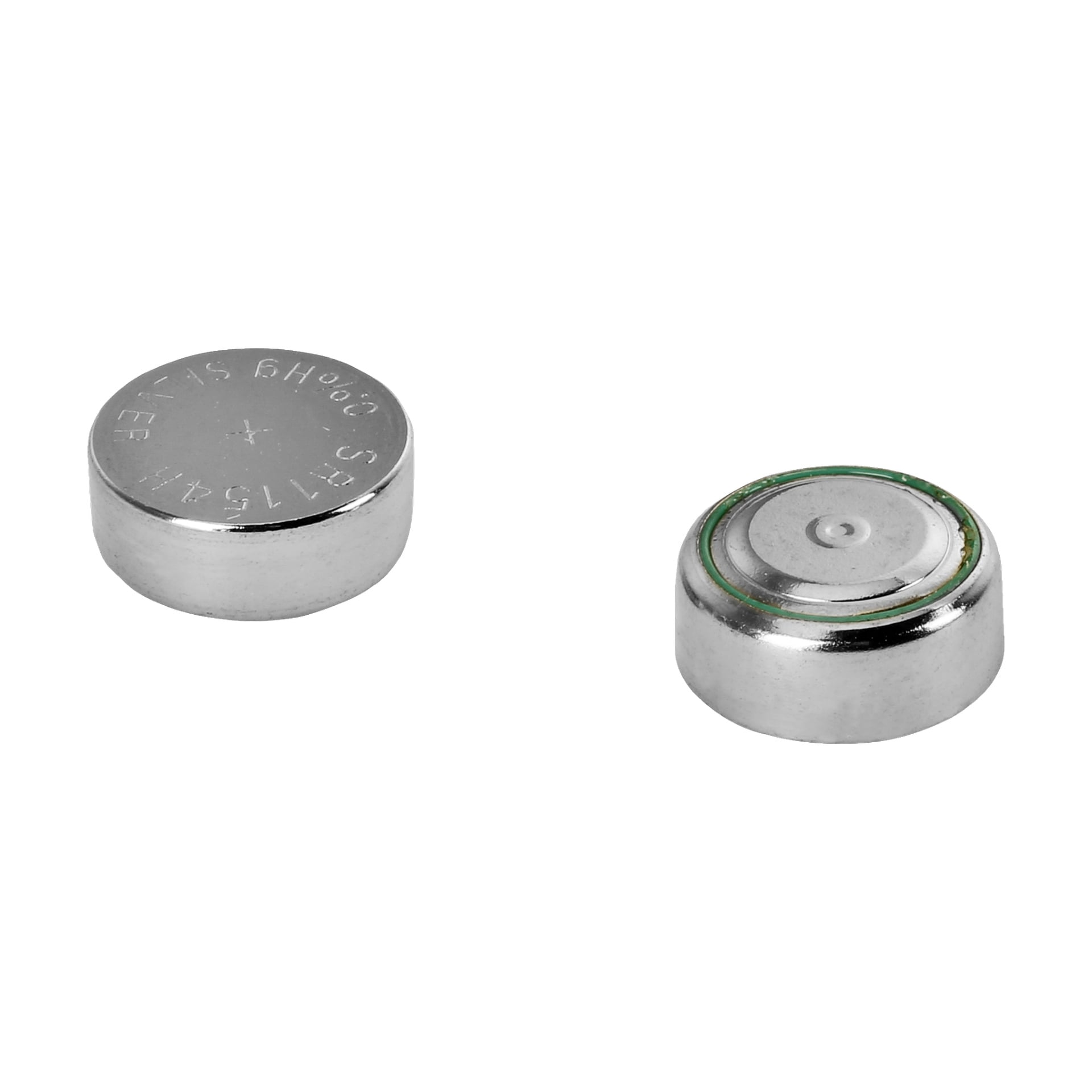 Kaksi Anslut Button Cell Battery Extreme Power -paristoa (2 pakettia) näytetään; toisessa näkyy merkitty litteä yläosa, ja toinen paljastaa kosketuspuolen, jossa on tunnistettava vihreä rengas.