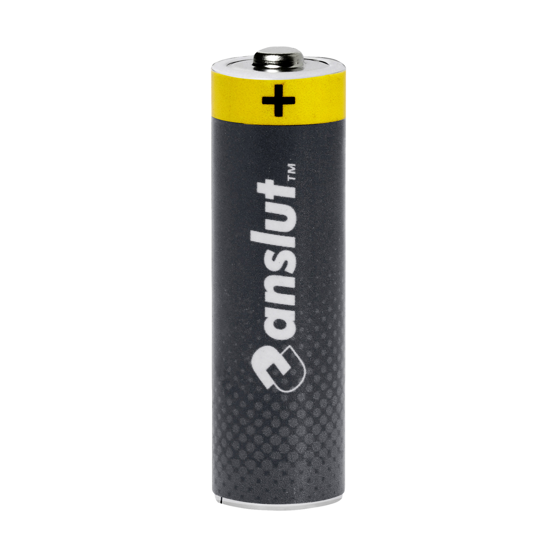 Et oppreist AA-batteri har svart kropp og gul topp, med et plusstegn som markerer den positive enden. Navnet Anslut vises vertikalt i hvite bokstaver langs siden, noe som indikerer at det tilhører Extreme Power 10-pakken med AA-batterier.