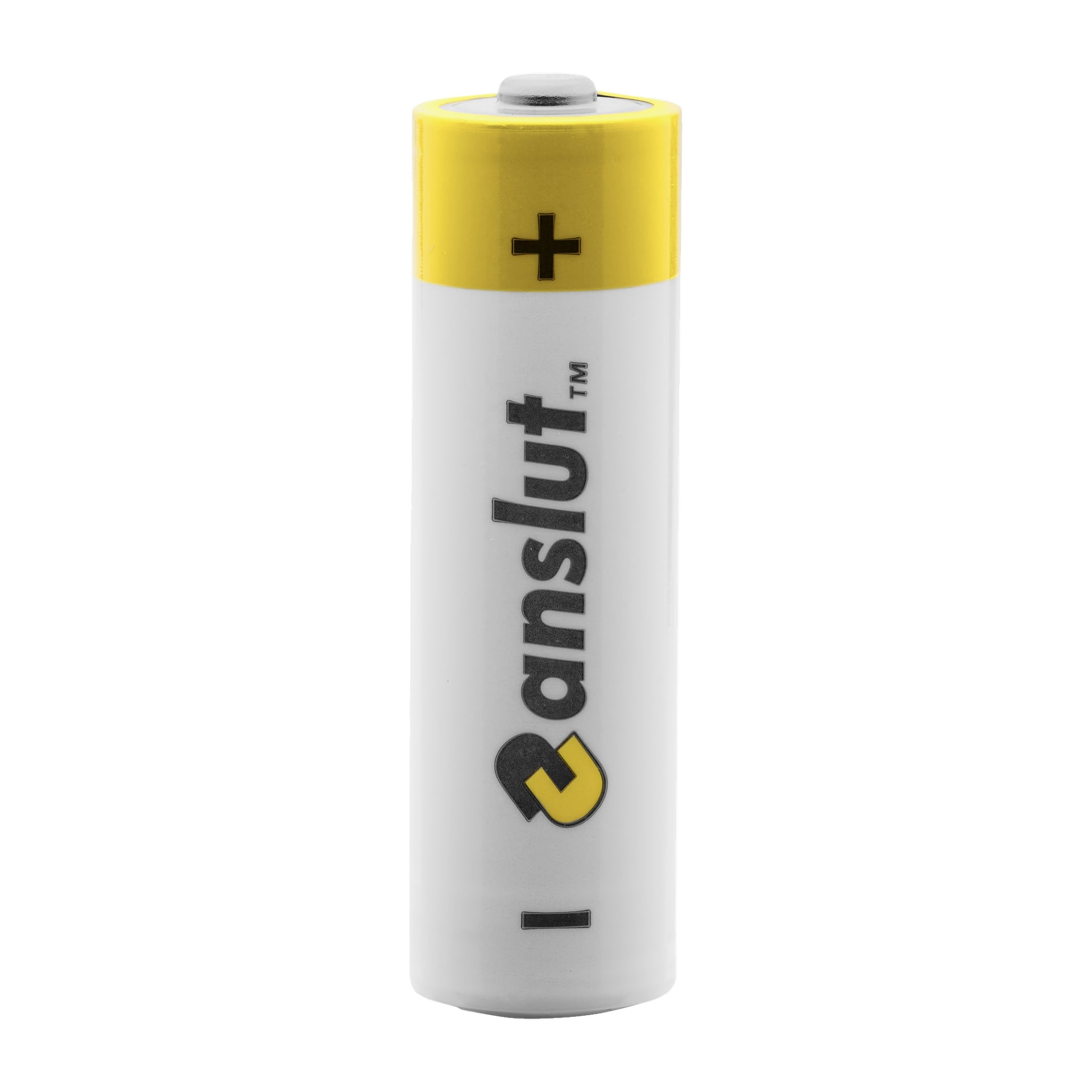 Ett enda AA-batteri med vit kropp och gul topp, plus symbol nära terminalen, och "anslut" tryckt vertikalt i svart på sidan.