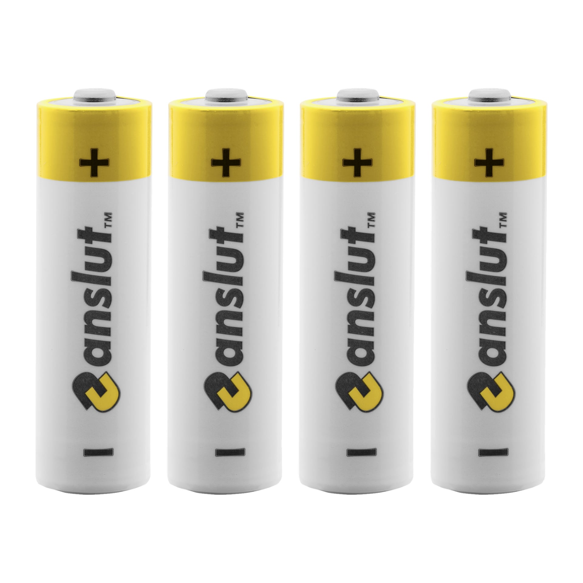 Fyra Anslut AA-batterier i ett paket om fyra, med en vit och gul design med svart text och logotyper där det står "Anslut." Batterierna är uppradade vertikalt med positiva poler och plusskyltar synliga ovanpå.