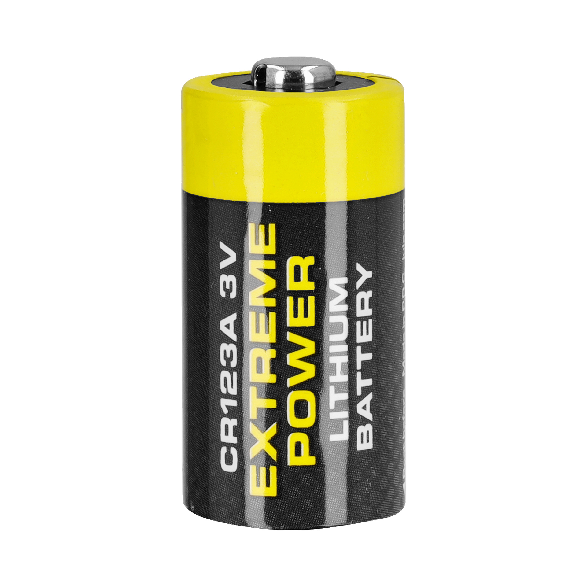 Sylinterimäinen Anslut Lithium Extreme Power -akku, jossa on CR123A 3V, jossa on keltainen kansi ja musta runko.