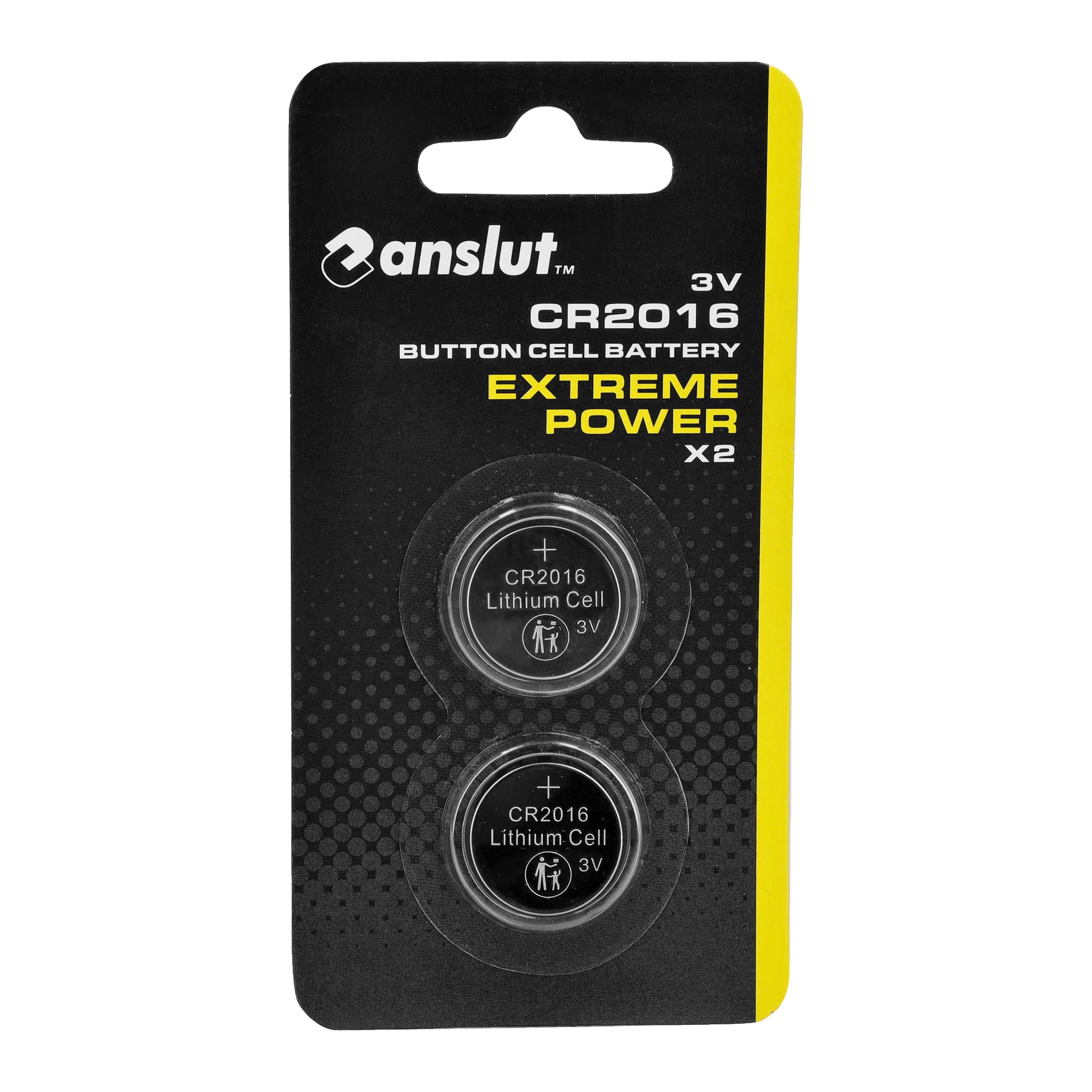 Czarno-żółte opakowanie oznaczone jako "Anslut Button cell batteries Extreme Power 2 pack" pokazuje dwie baterie litowe CR2016 3V button cell widoczne przez przezroczyste plastikowe okienko, a opakowanie wskazuje ilość x2.