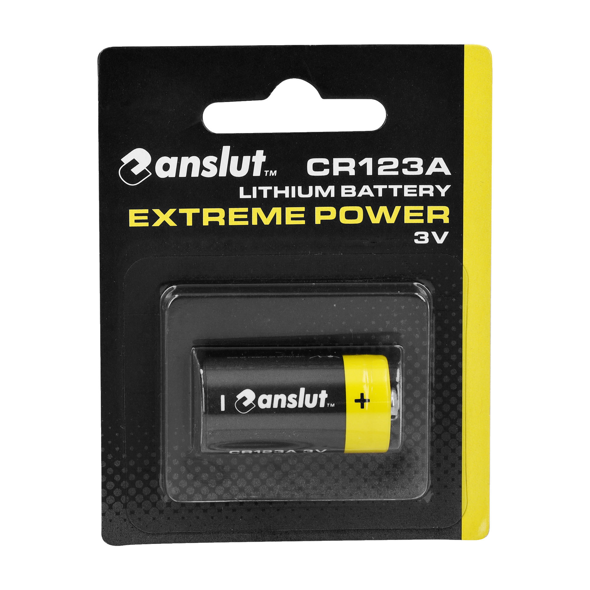 Anslut Extreme Power -litiumakku (CR123A, 3V) musta-keltaisella värimaailmalla, esillä muovista ja pahvista valmistetuissa vähittäismyyntipakkauksissa.